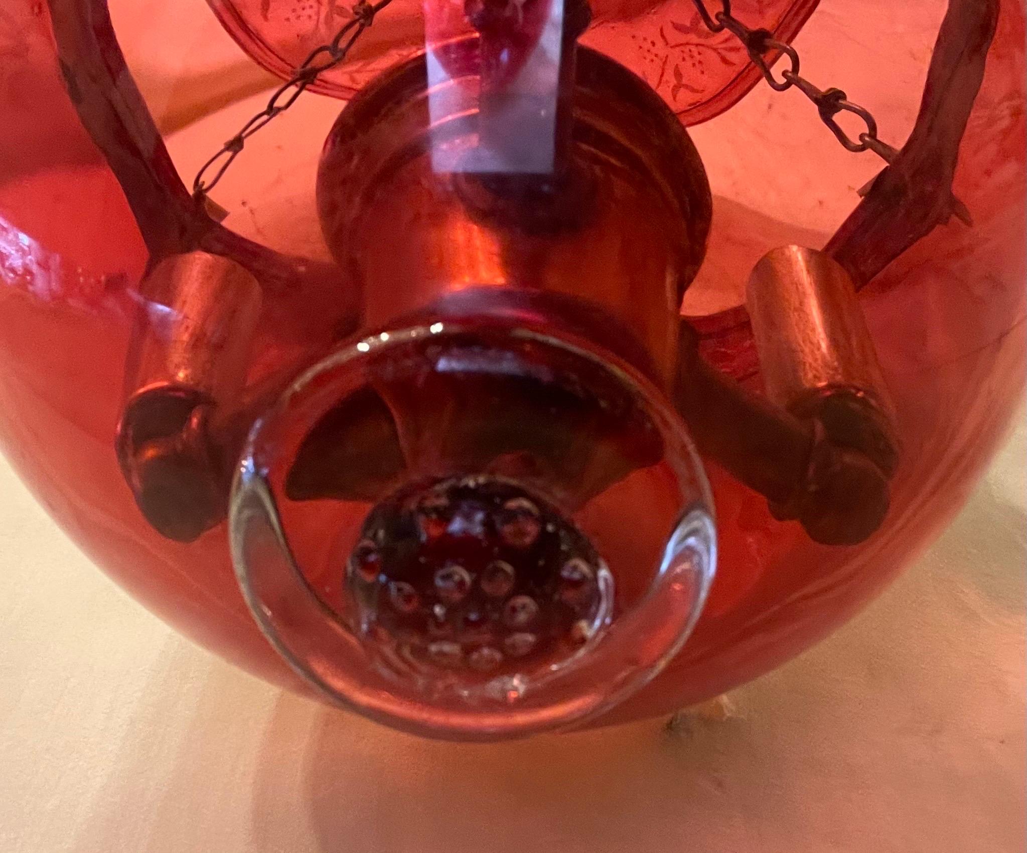 Wonderful Val Saint Lambert Cranberry Red Etched Glass Bell Jar Lantern Fixture  In Good Condition In Roslyn, NY