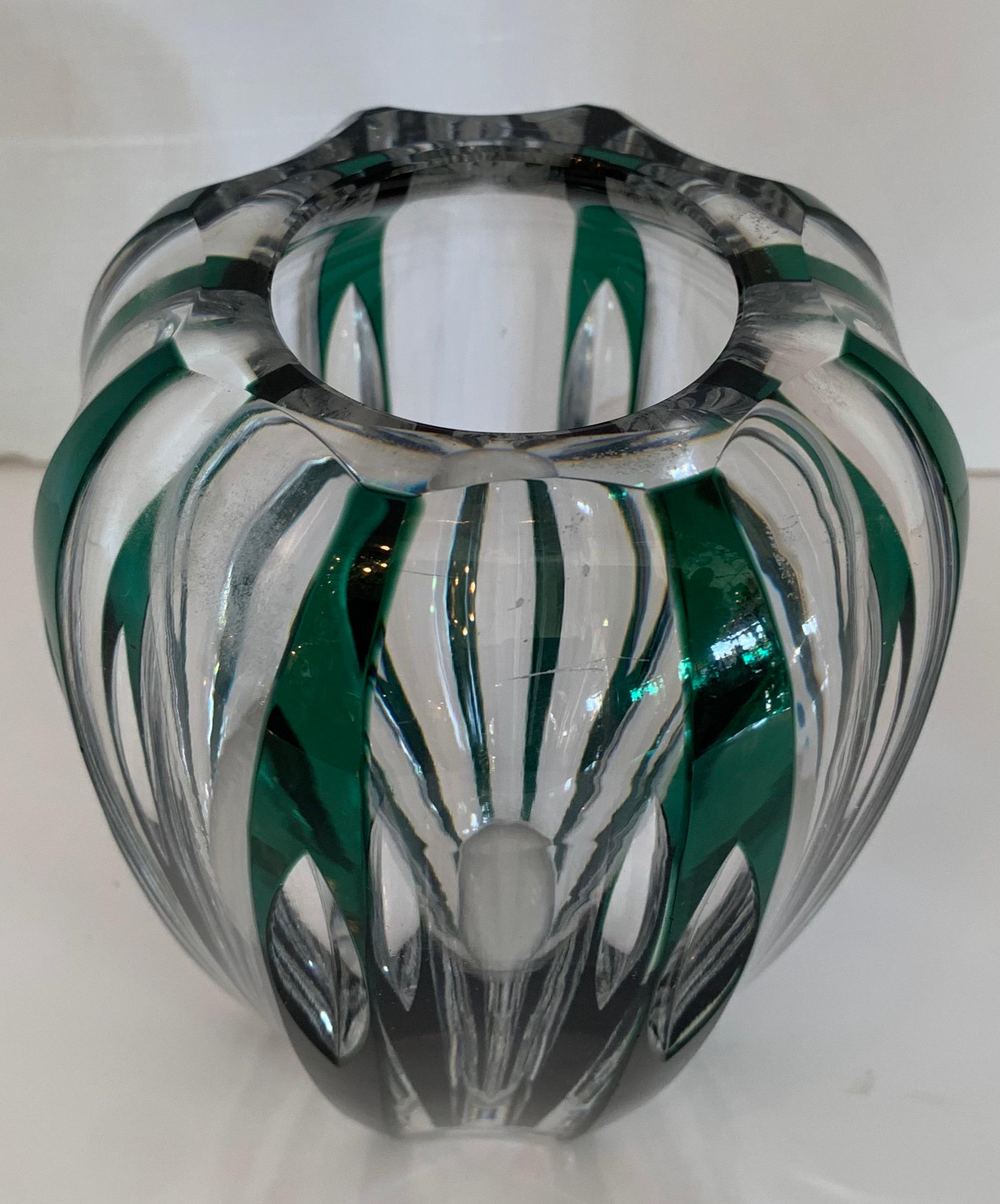 Belgian Wonderful Val Saint Lambert Emerald Green Cut to Clear Crystal Bud Vase For Sale