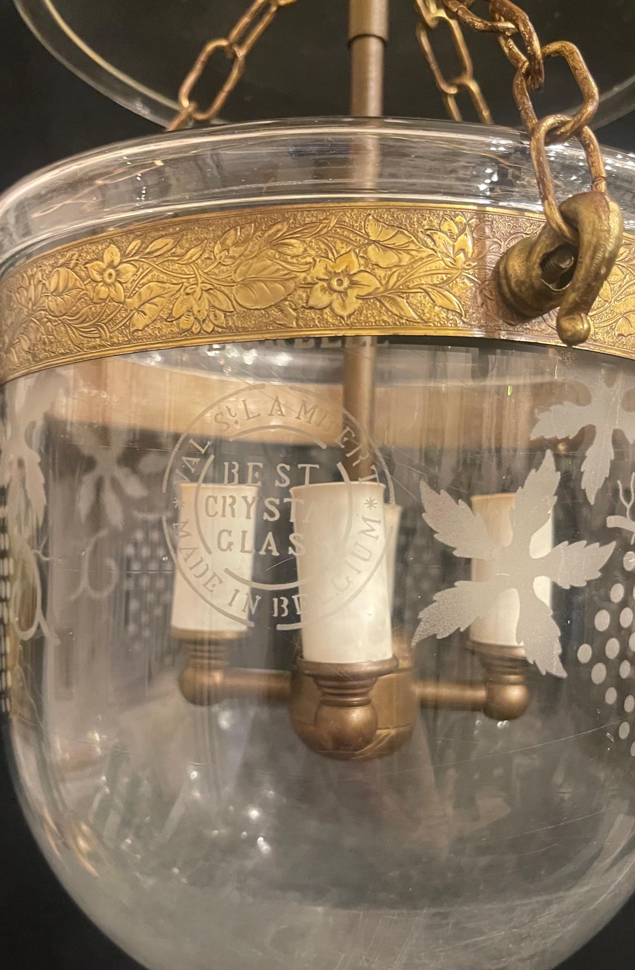 A Wonderful Val Saint Lambert Petite Etched Blown Glass With Brass Hardware Bell Jar Lantern Fixture With 4 Candelabra Lights.