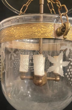 Wonderful Val Saint Lambert Petite Etched Glass Brass Bell Jar Lantern Fixture