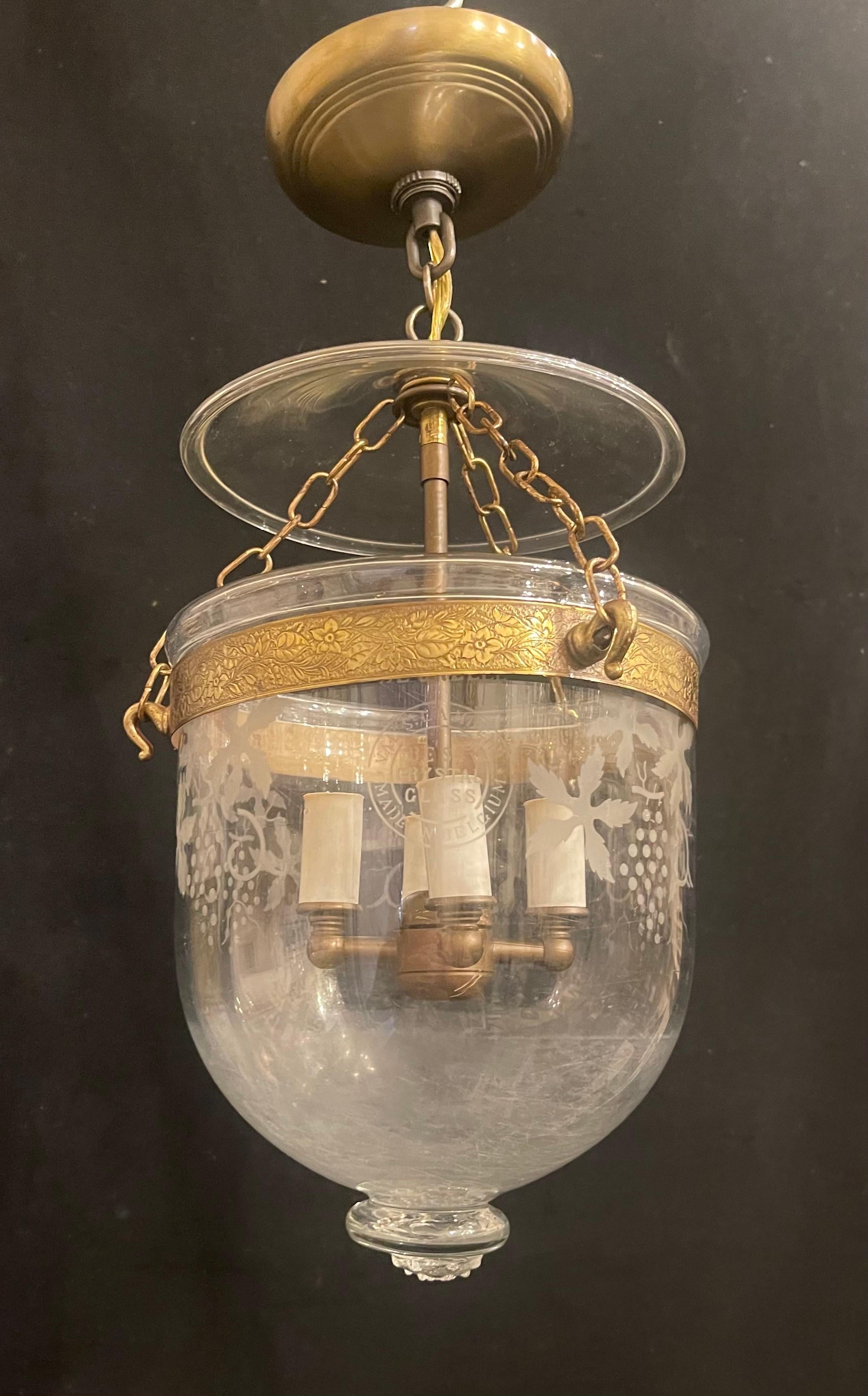 Belle Époque Wonderful Val Saint Lambert Petite Etched Glass Brass Bell Jar Lantern Fixture For Sale