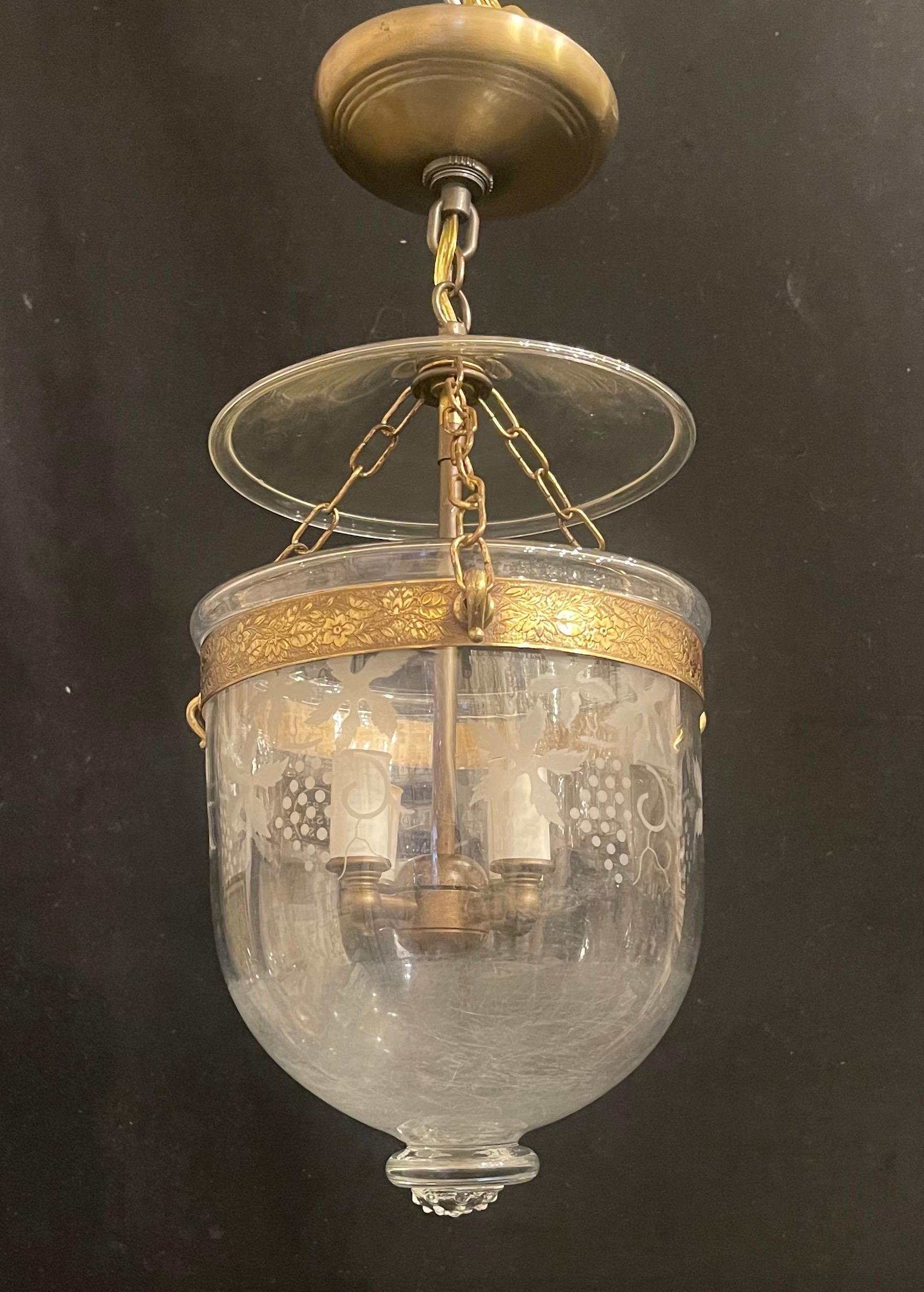 Wonderful Val Saint Lambert Petite Etched Glass Brass Bell Jar Lantern Fixture In Good Condition For Sale In Roslyn, NY