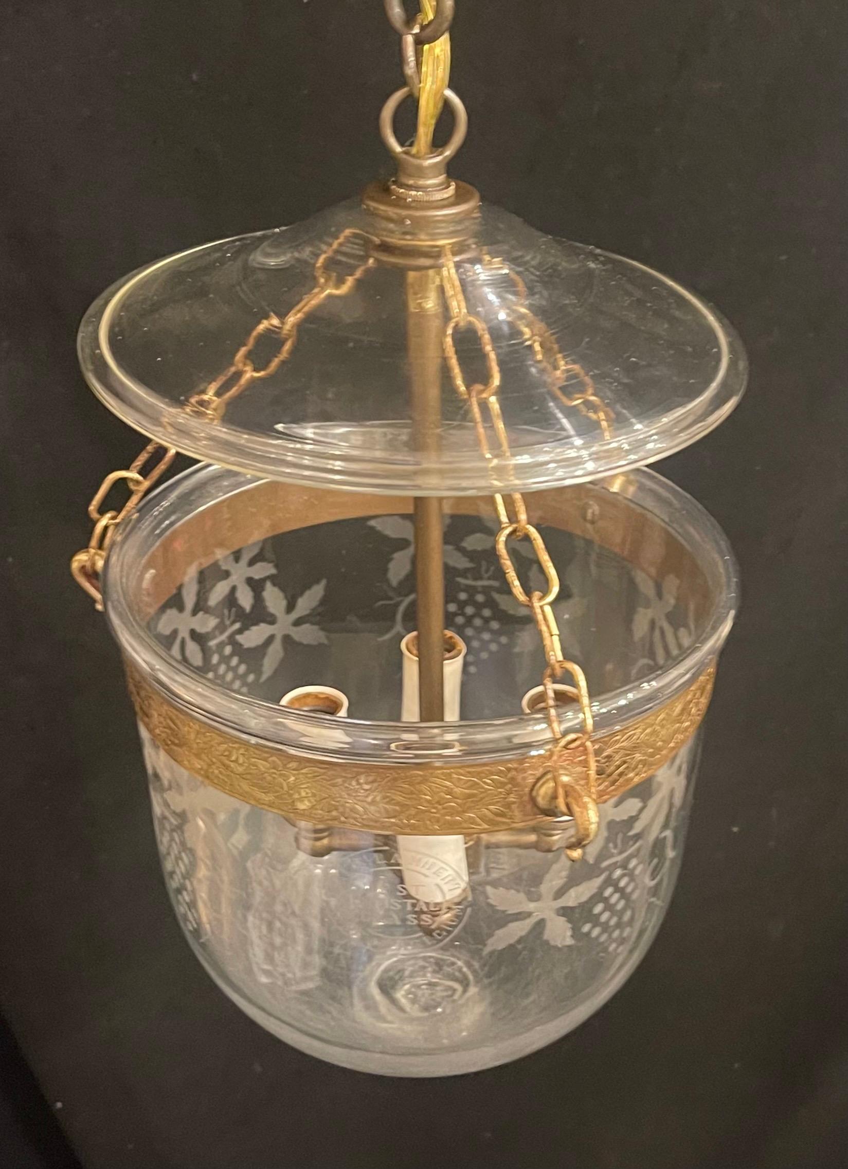 20th Century Wonderful Val Saint Lambert Petite Etched Glass Brass Bell Jar Lantern Fixture For Sale