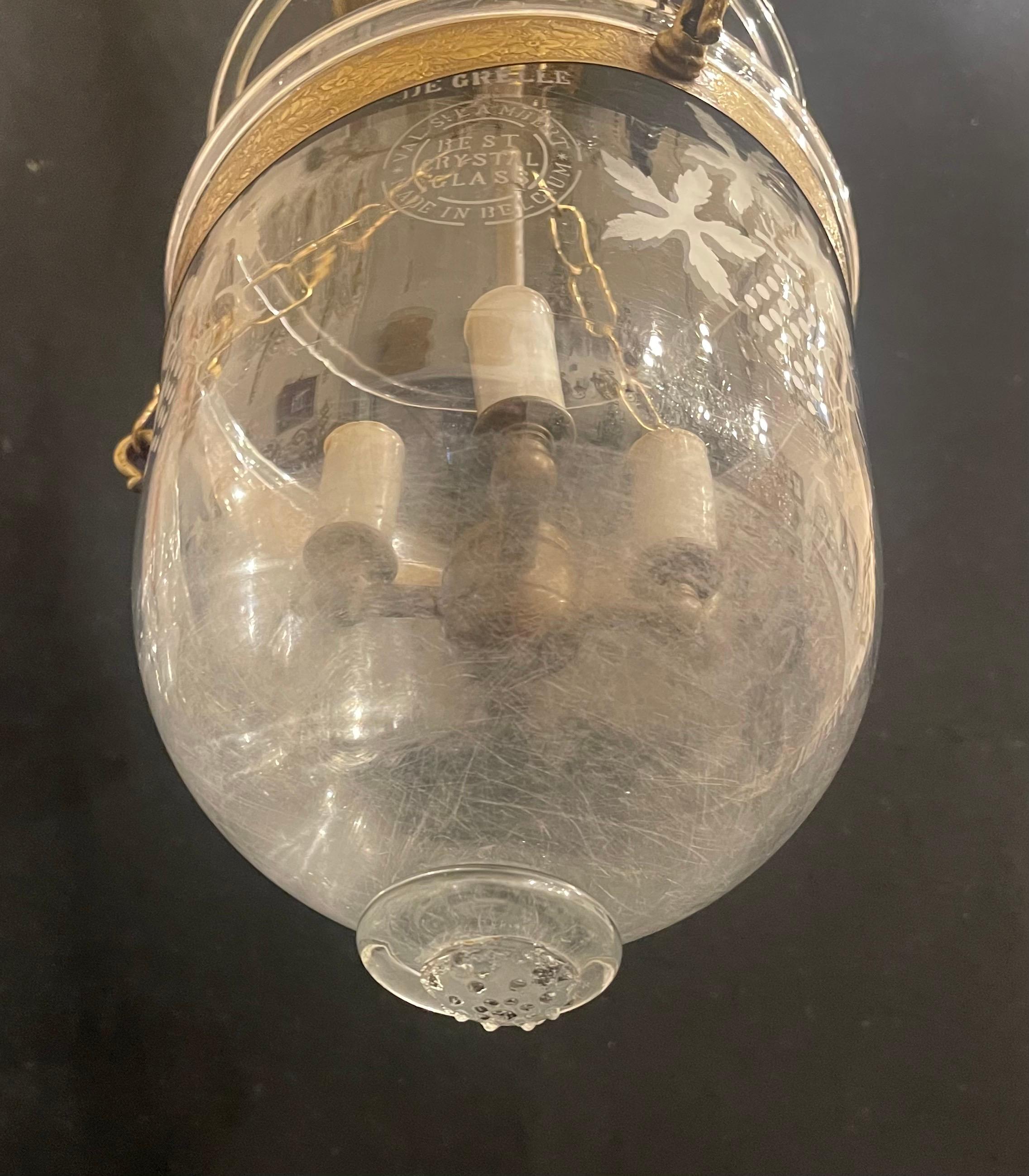 Wonderful Val Saint Lambert Petite Etched Glass Brass Bell Jar Lantern Fixture For Sale 1