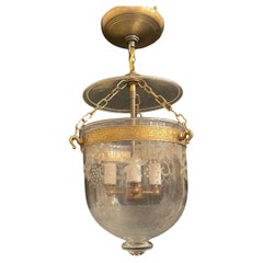 Wonderful Val Saint Lambert Petite Etched Glass Brass Bell Jar Lantern Fixture