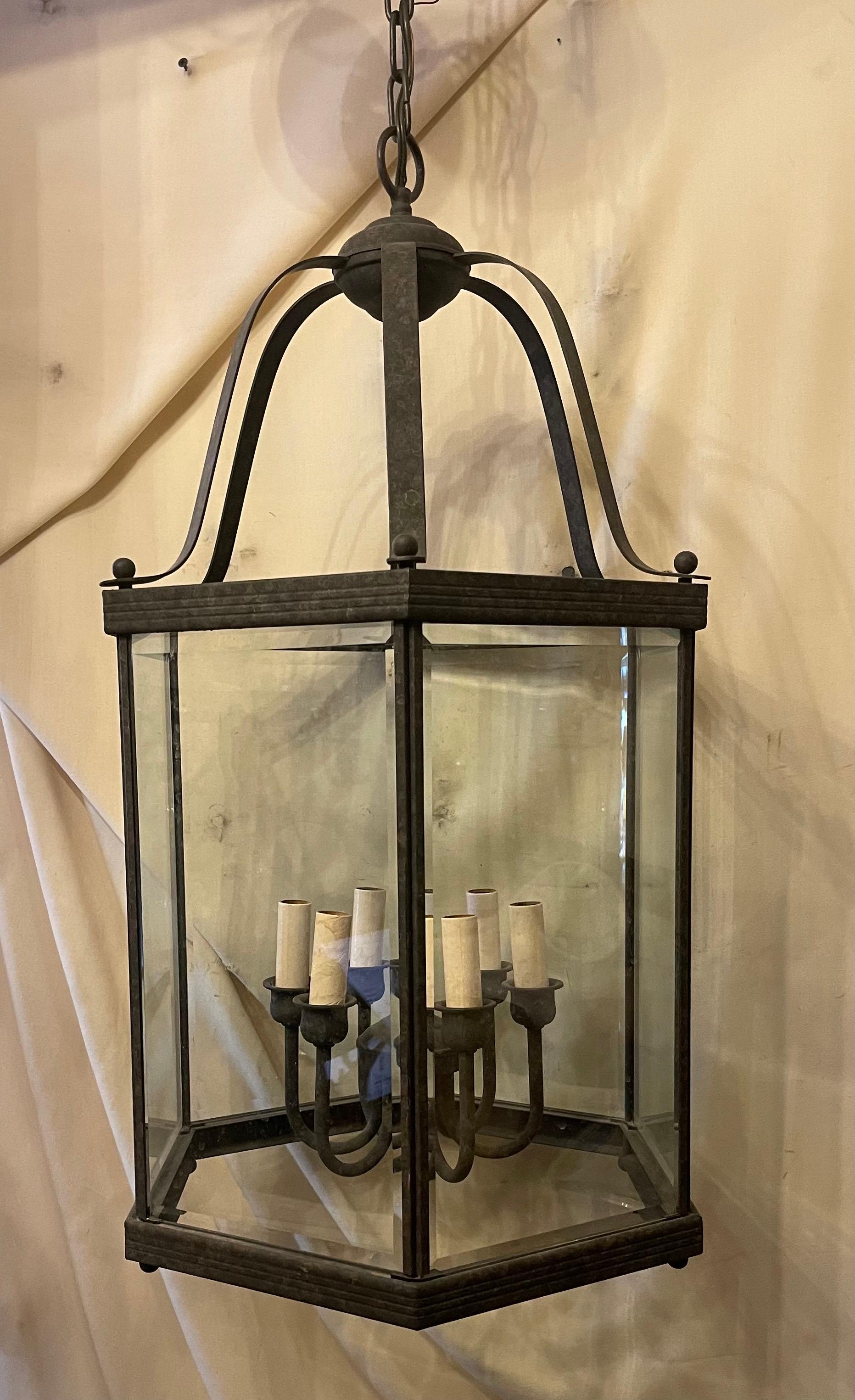 Maravilloso Farol Vaughan 6 Luces Bronce Cristal Regency Hall Grande Biselado en venta