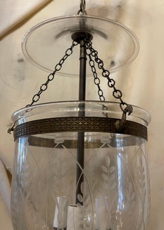 Wonderful Vaughan Brass Etched Glass Filigree Bell Jar 3-Light Lantern Fixture