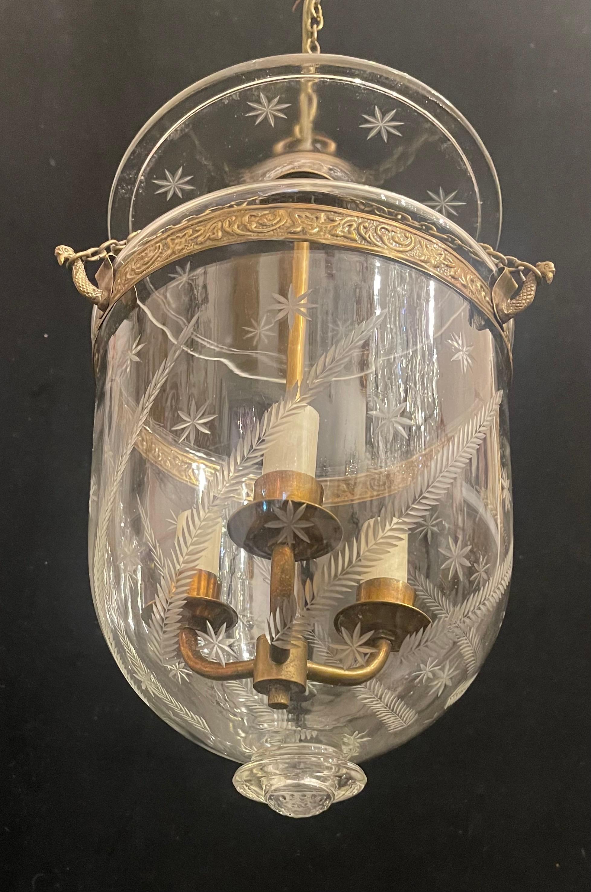 A Wonderful Vaughan Designs Bronze / Brass & Blown Glass With Etched Stars & Wheat Bell Jar Lantern With A 3 Candelabra Light Cluster Ceiling Fixture, Accompanied By Chain, Canopy And Mounting Hardware.
