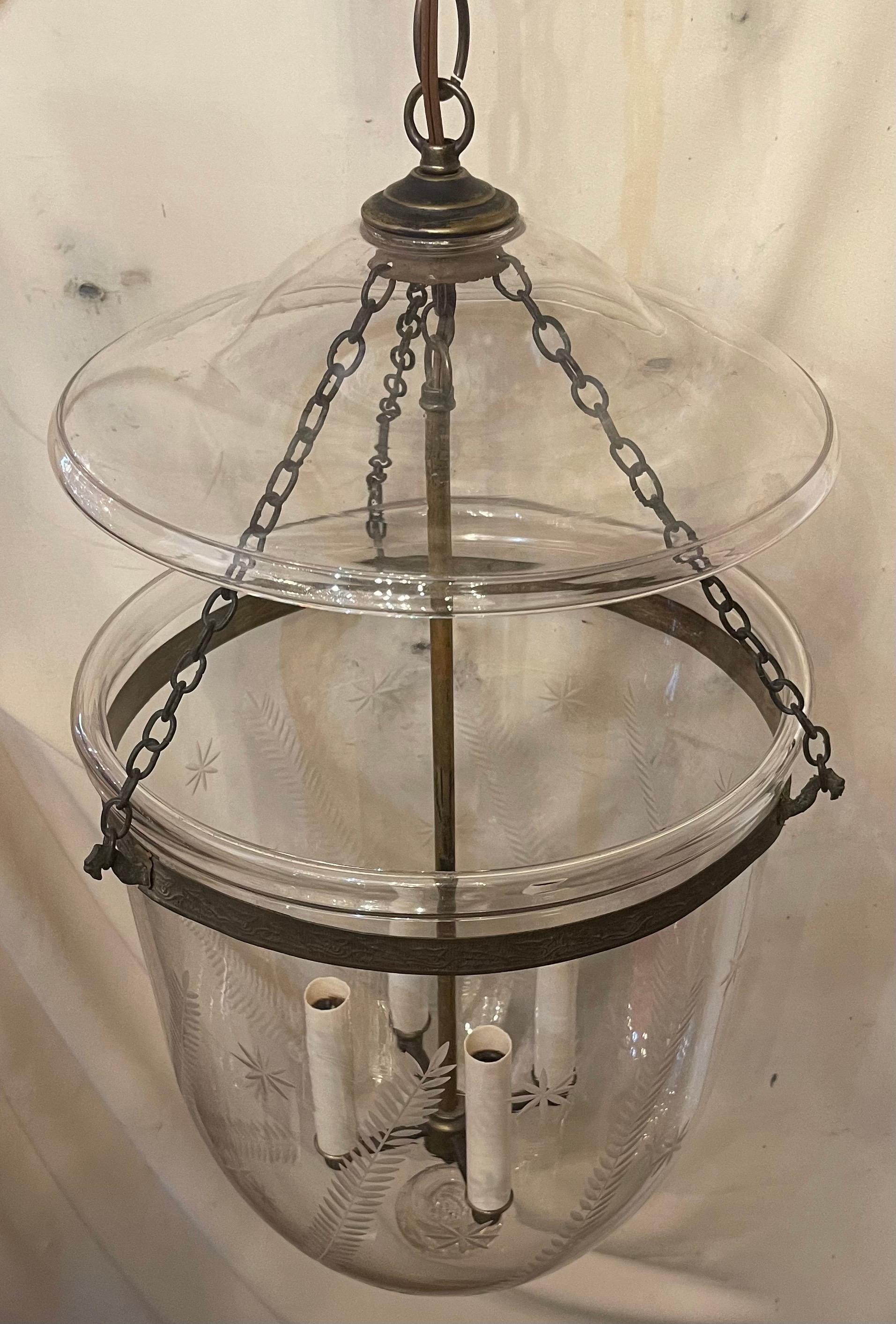 A Wonderful Large Vaughan Designs Bronze / Brass & Blown Glass With Etched Stars & Wheat Bell Jar Lantern With A 4 Candelabra Light Cluster Ceiling Fixture, Accompanied By Chain, Canopy And Mounting Hardware.