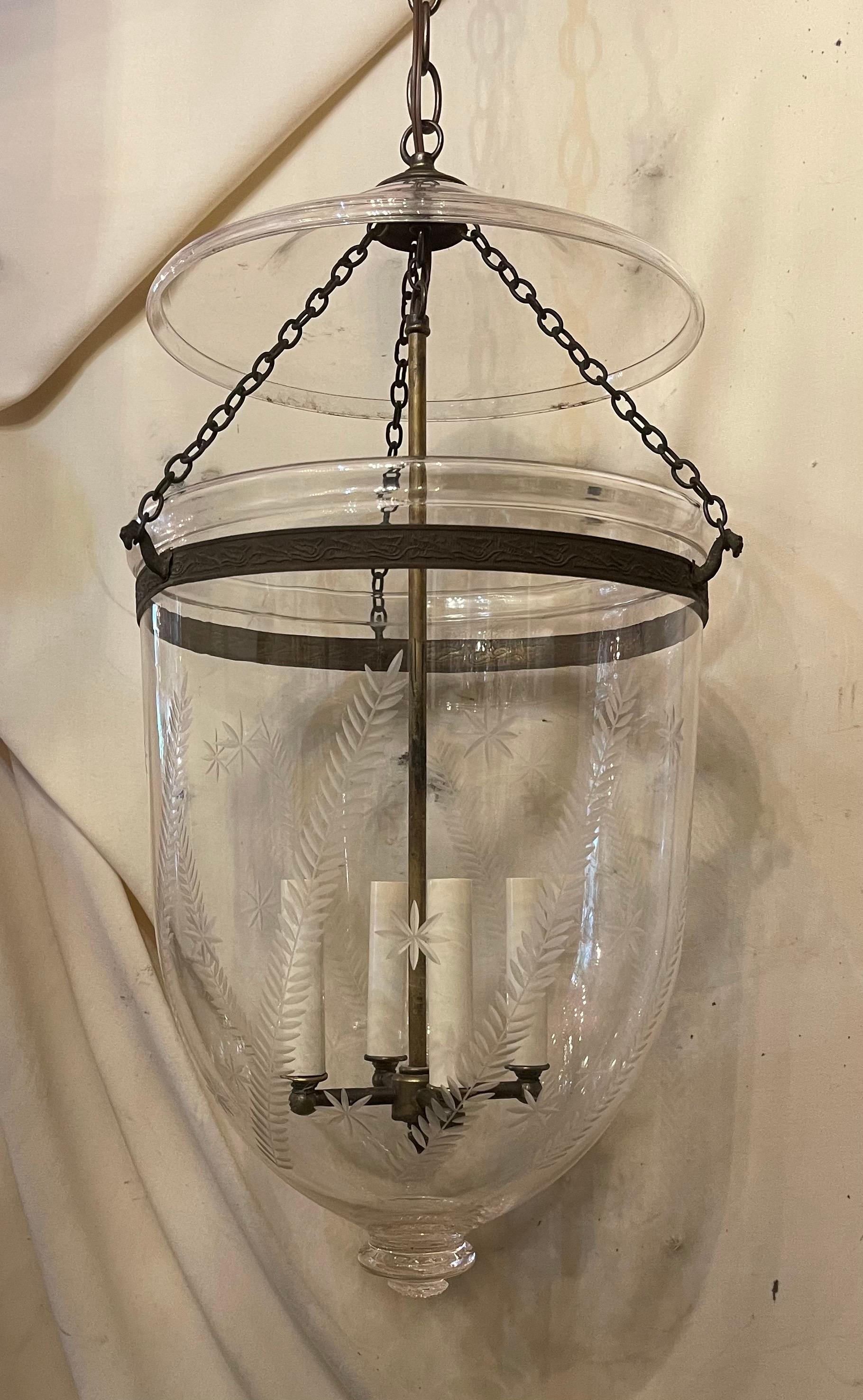 Regency Wonderful Vaughan Bronze Glass Star Wheat Bell Jar 3-Light Lantern Light Fixture For Sale