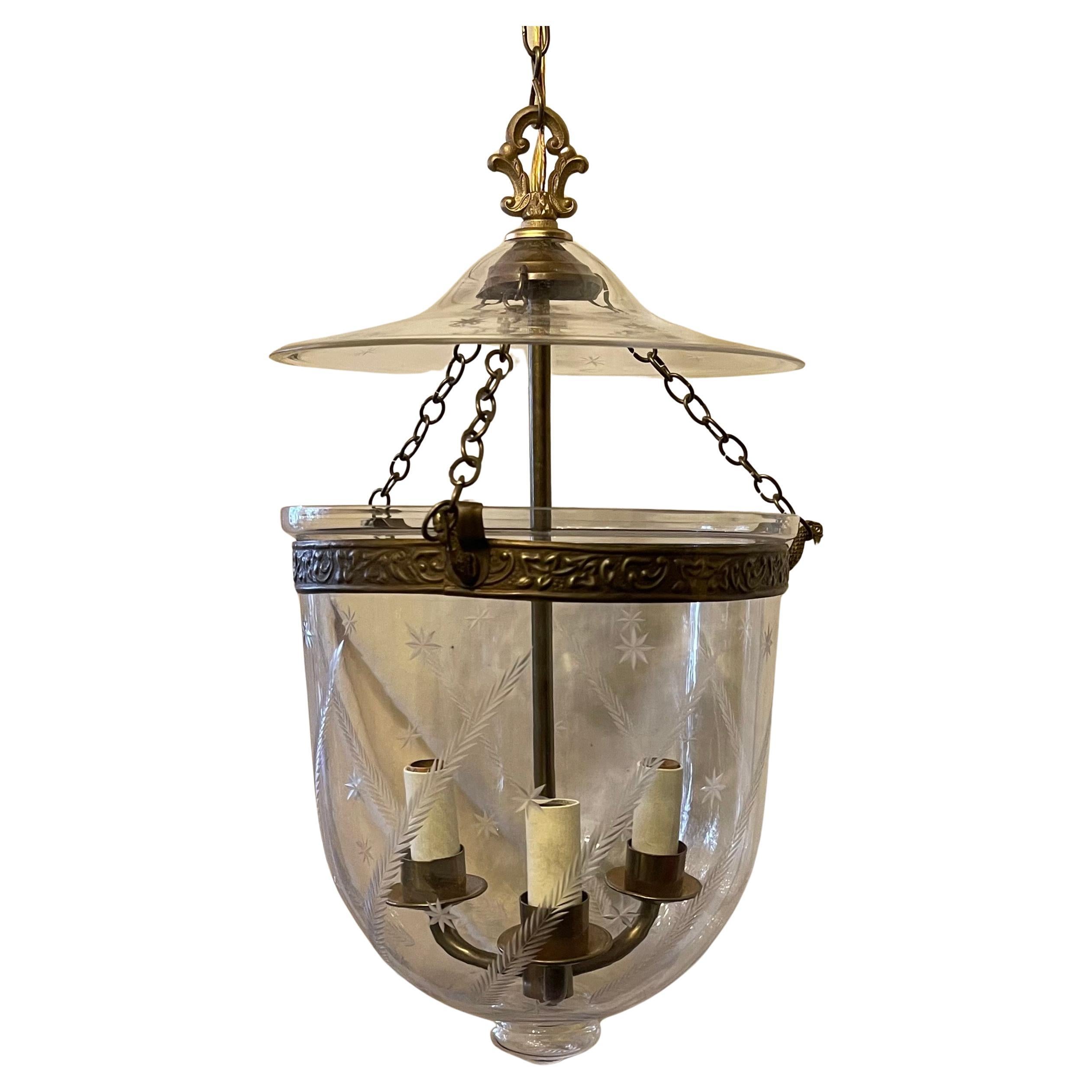 Regency Meravigliosa lanterna a 3 luci Vaughan Bronze Glass Star Wheat Bell Jar in vendita