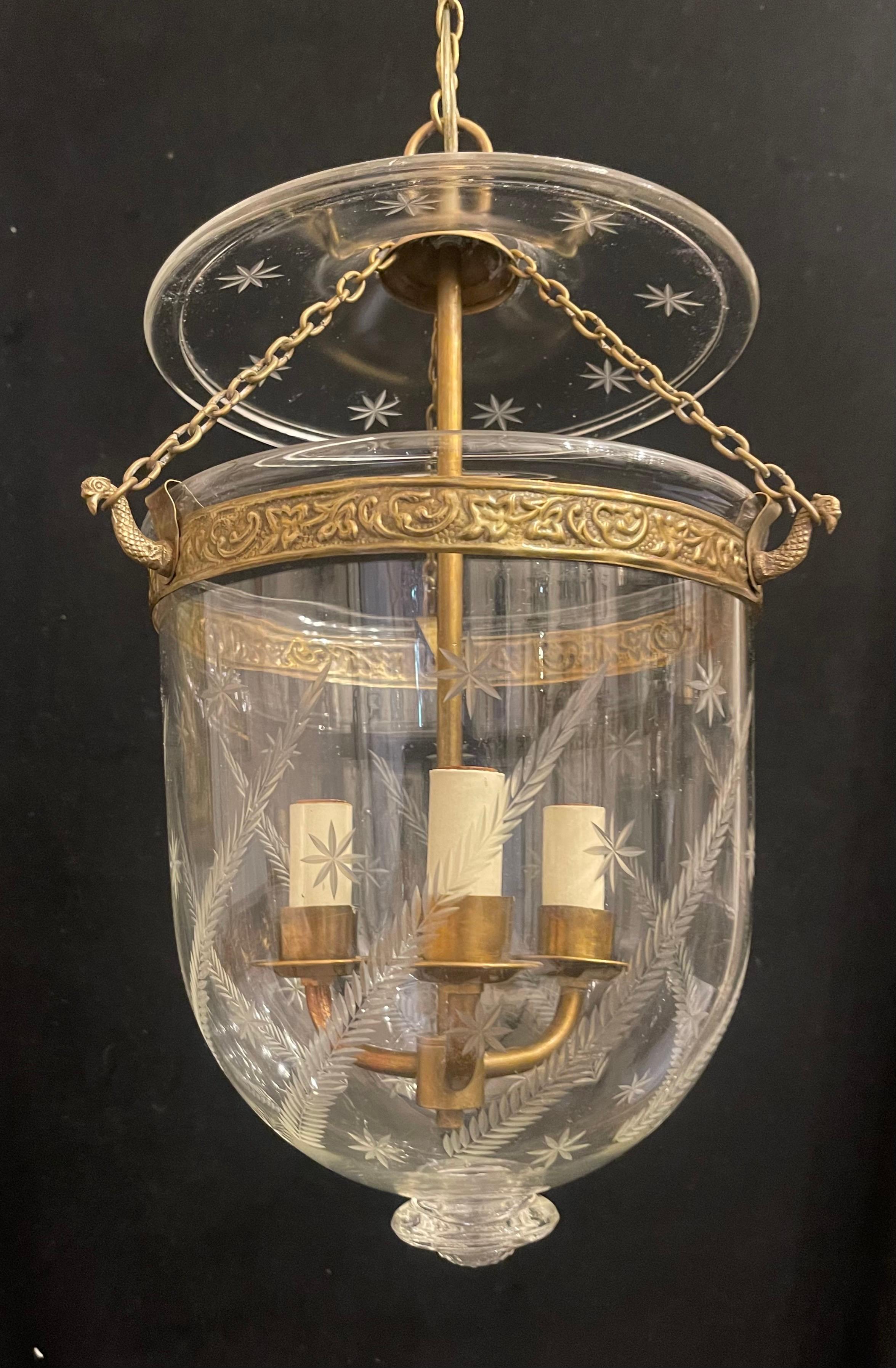 Etched Wonderful Vaughan Bronze Glass Star Wheat Bell Jar 3-Light Lantern Light Fixture