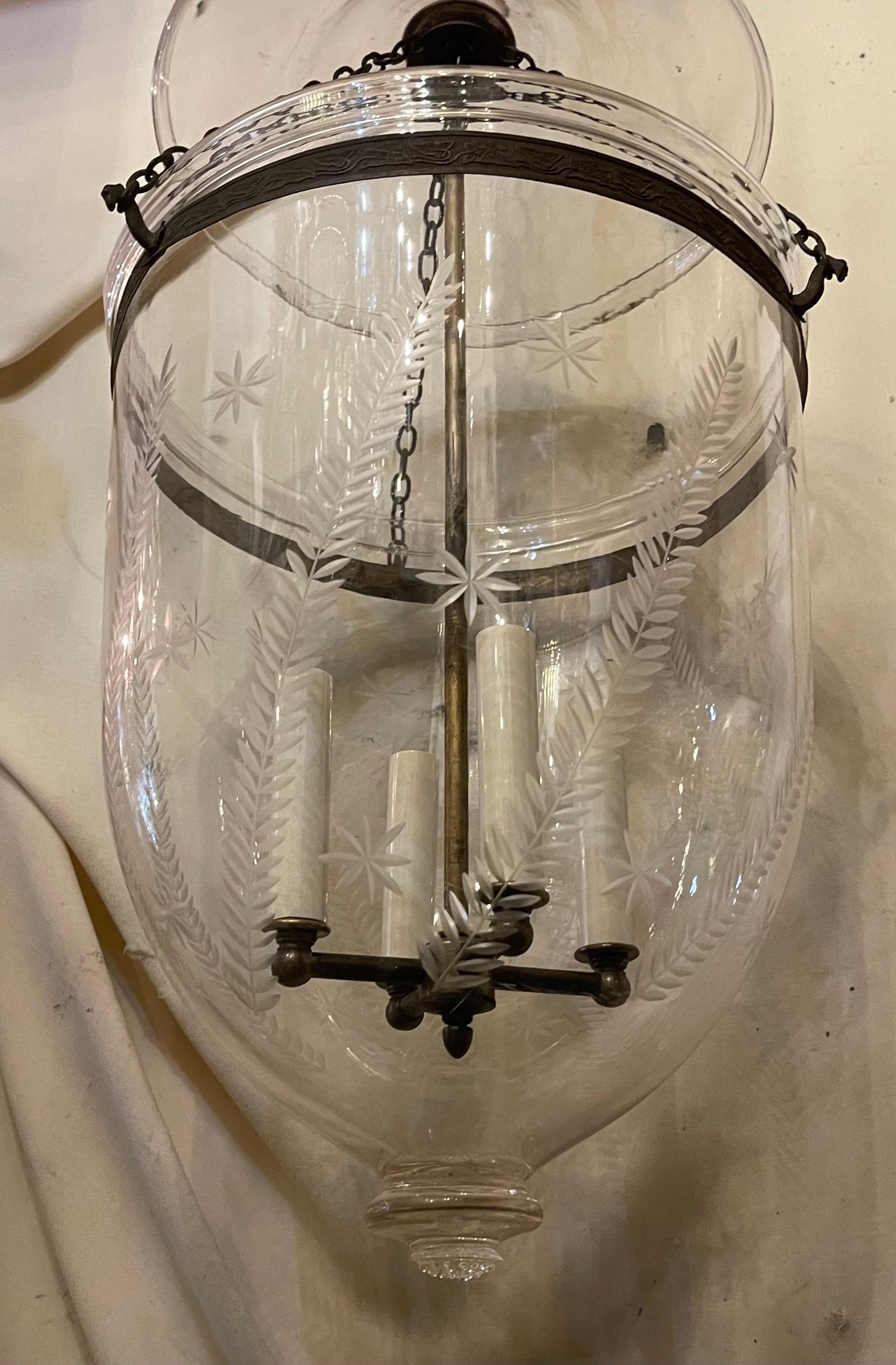 Etched Wonderful Vaughan Bronze Glass Star Wheat Bell Jar 3-Light Lantern Light Fixture For Sale