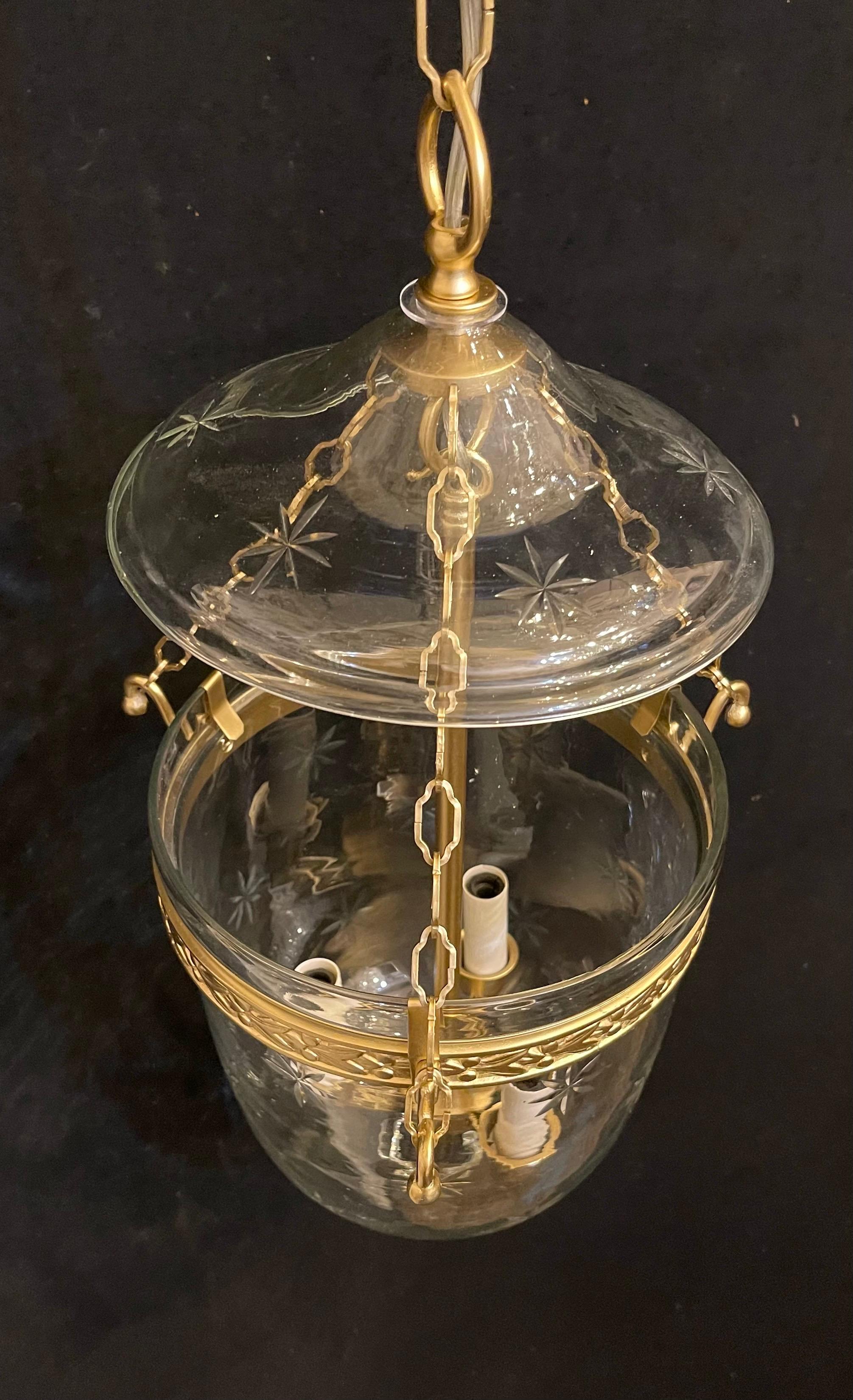 Etched Wonderful Vaughan Bronze Glass Star Bell Jar 3-Light Lantern Light 4 Fixtures For Sale