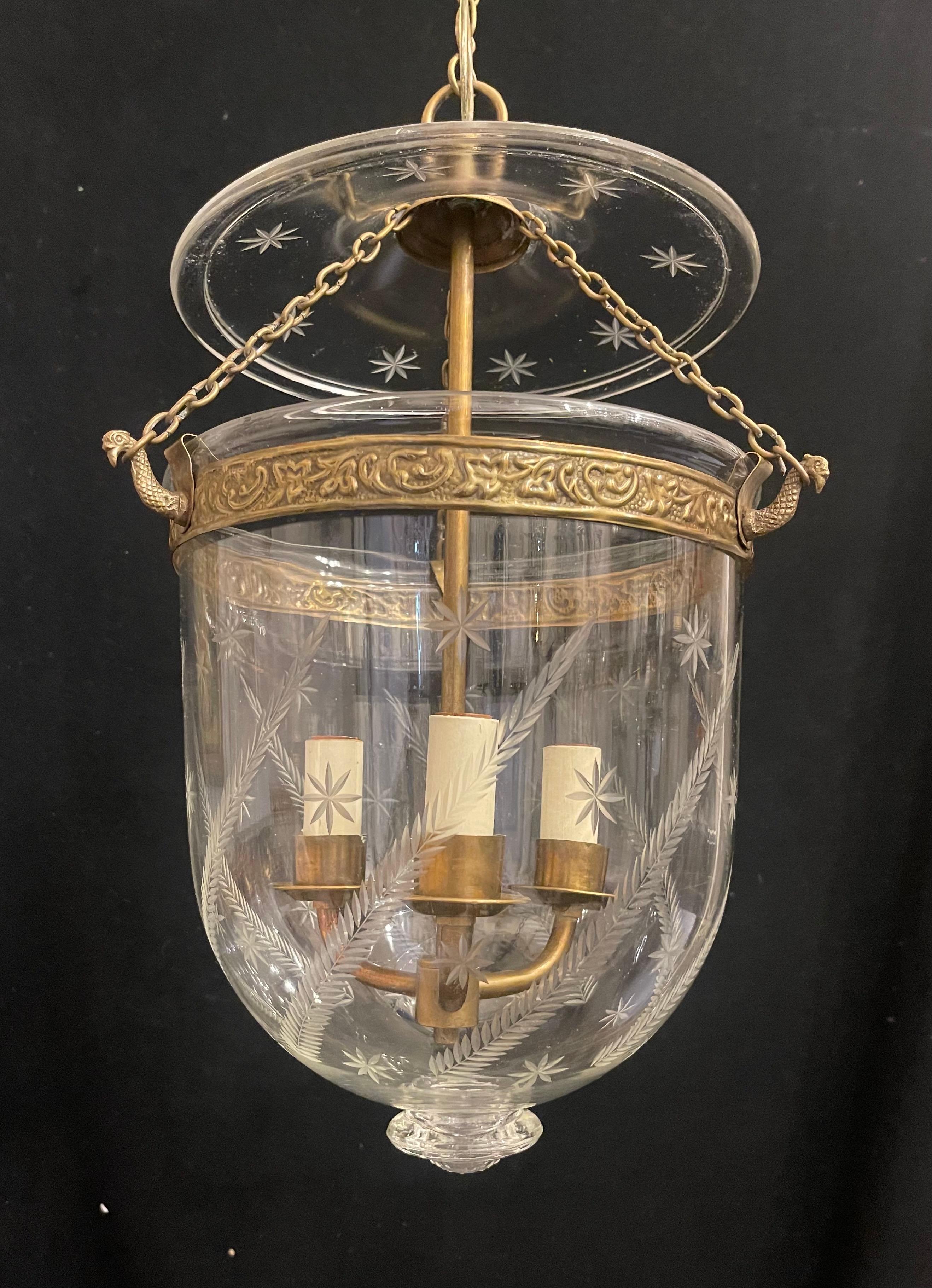 20th Century Wonderful Vaughan Bronze Glass Star Wheat Bell Jar 3-Light Lantern Light Fixture