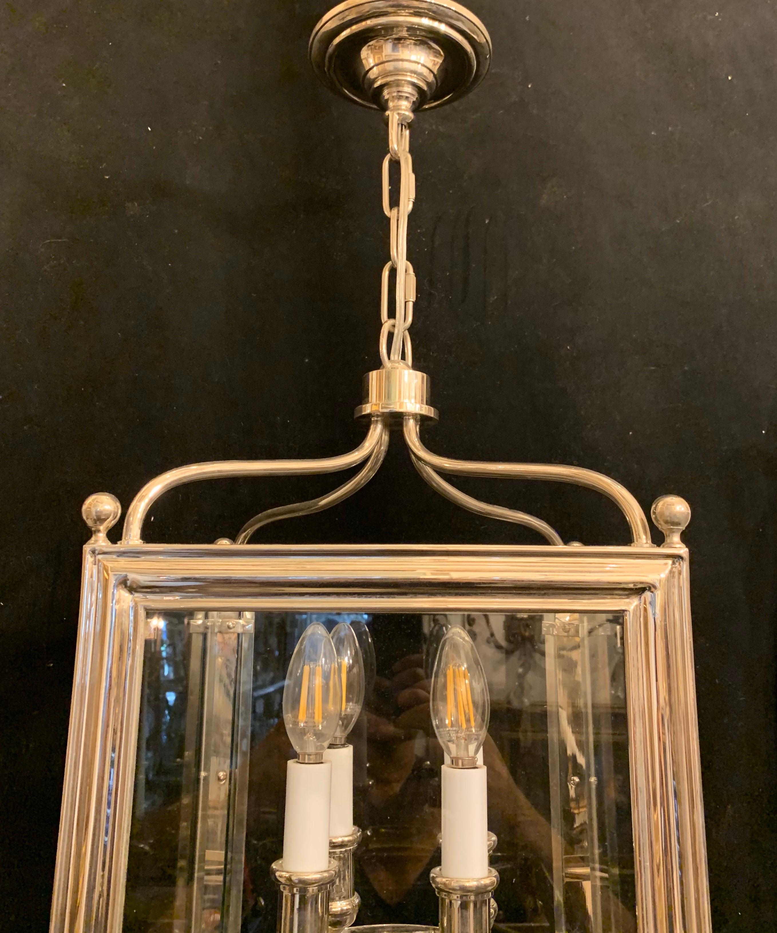 A wonderful Vaughan Designs Regency square polished nickel glass lantern fixture.