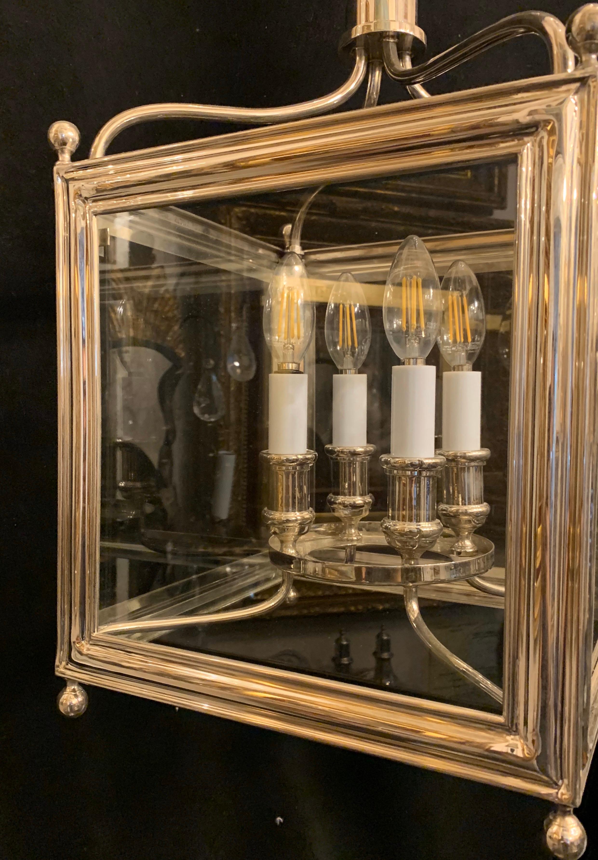 Wonderful Vaughan Designs Regency Square Polished Nickel Glass Lantern Fixture In Good Condition In Roslyn, NY