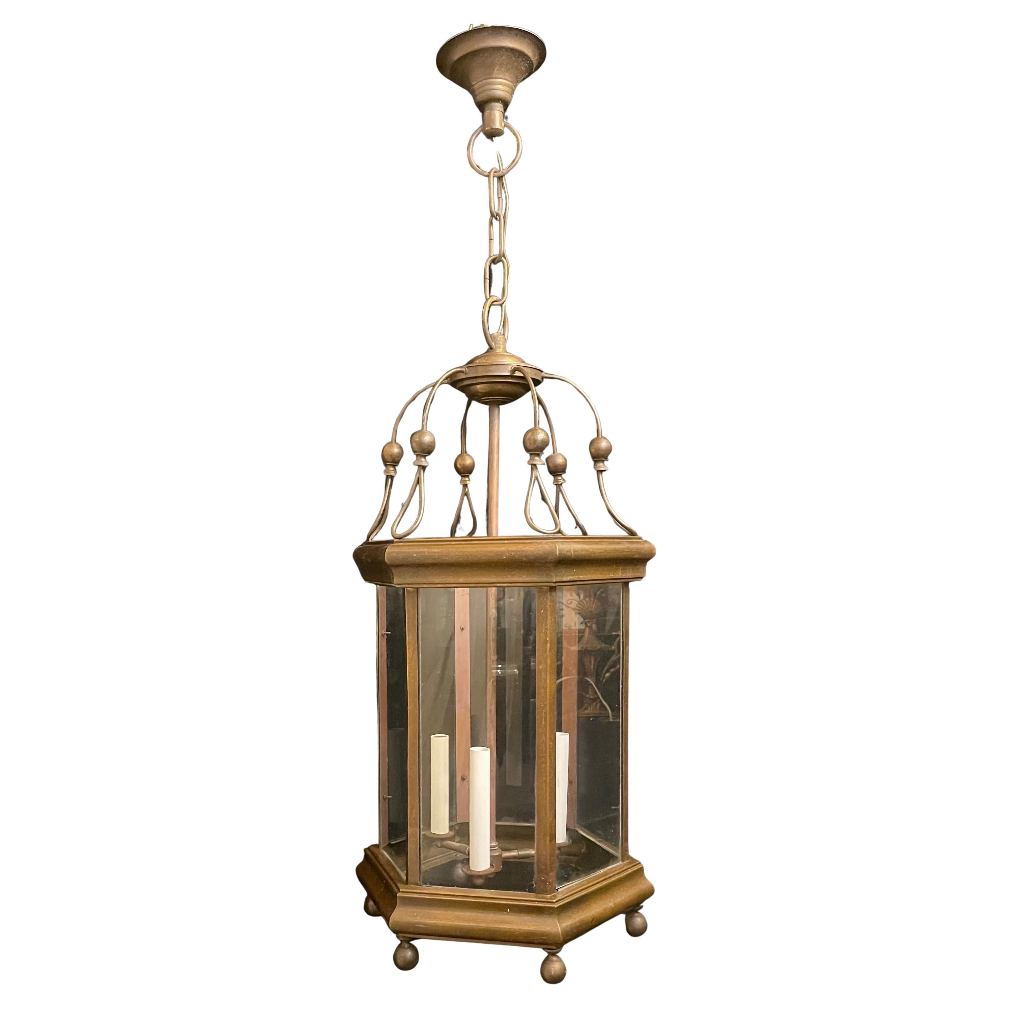 Wonderful Vaughan Gilt Brass Glass Panel Hexagon English Regency Lantern Fixture