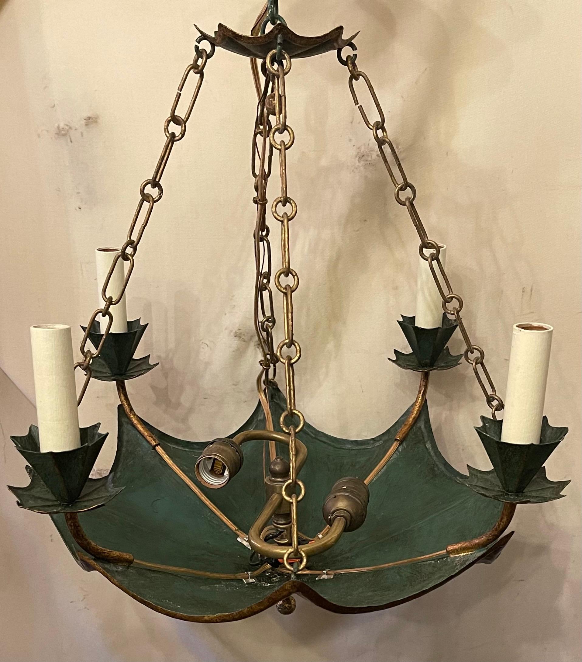 20th Century Wonderful Vaughan Green Gilt Hand Painted Tole Pagoda Chinoiserie Chandelier