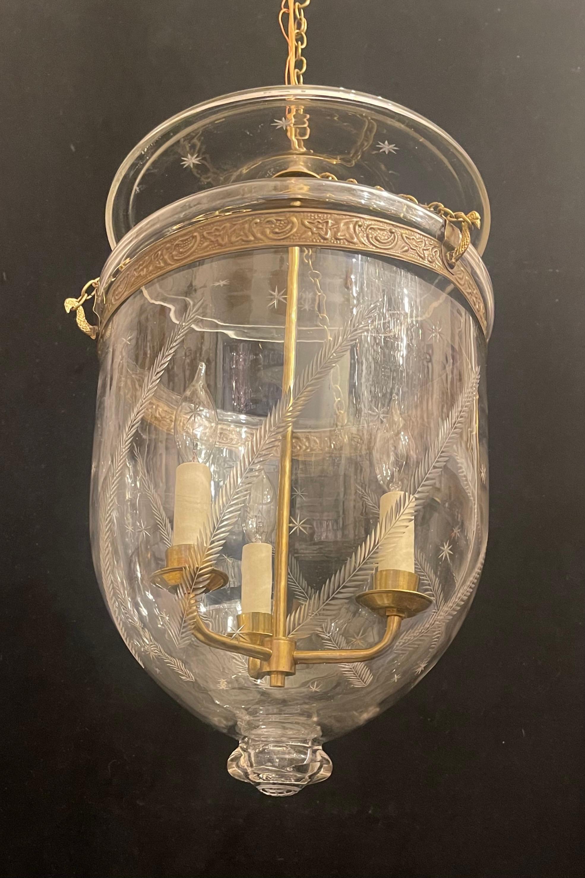 A Wonderful Vaughan Designs Large Bronze / Brass & Blown Glass With Etched Stars & Wheat Bell Jar Lantern With A 3 Candelabra Light Cluster Ceiling Fixture, Accompanied By Chain, Canopy And Mounting Hardware.