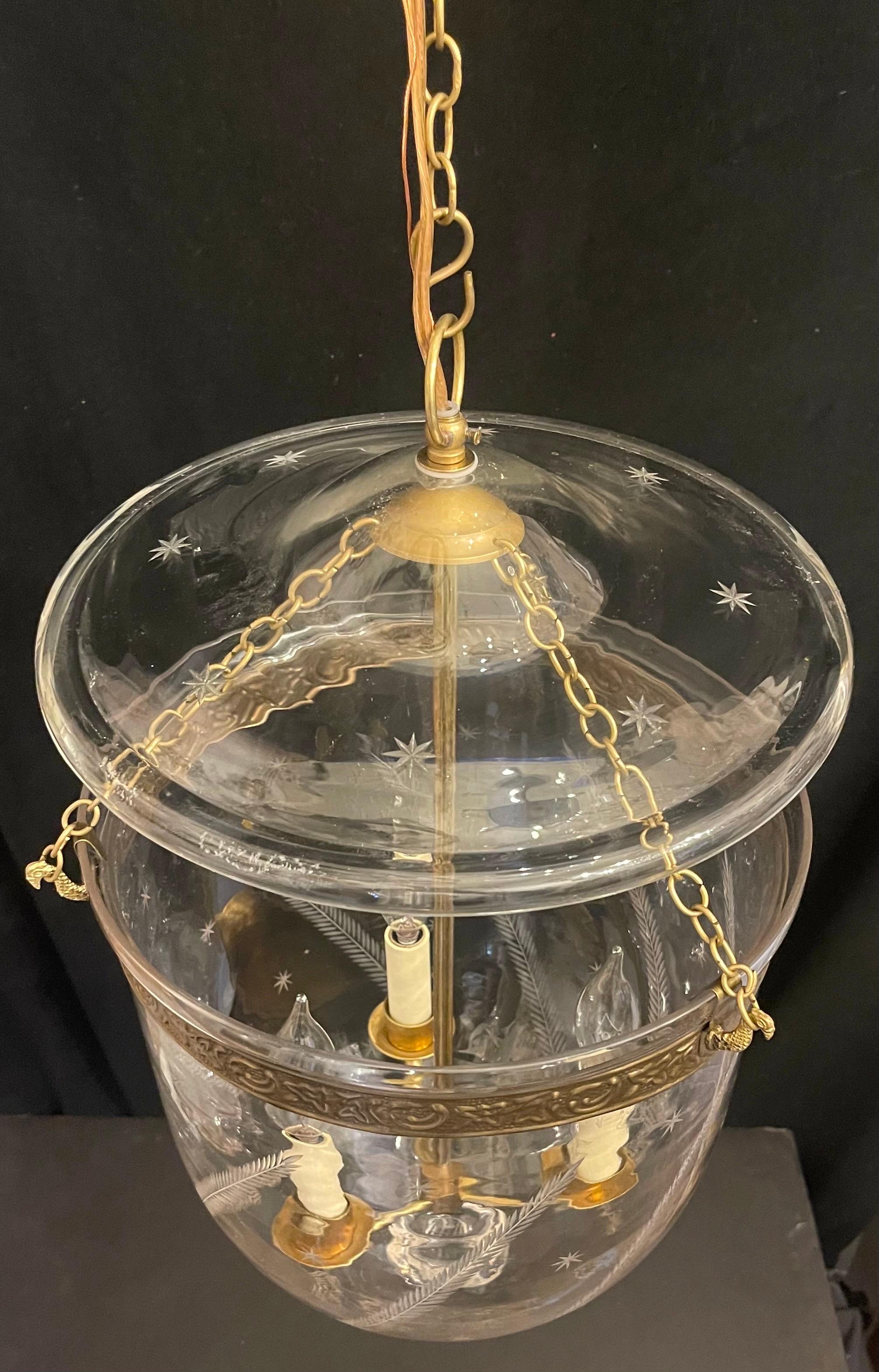 Etched Wonderful Vaughan Large Bronze Glass Star Wheat Bell Jar 3-Light Lantern Fixture