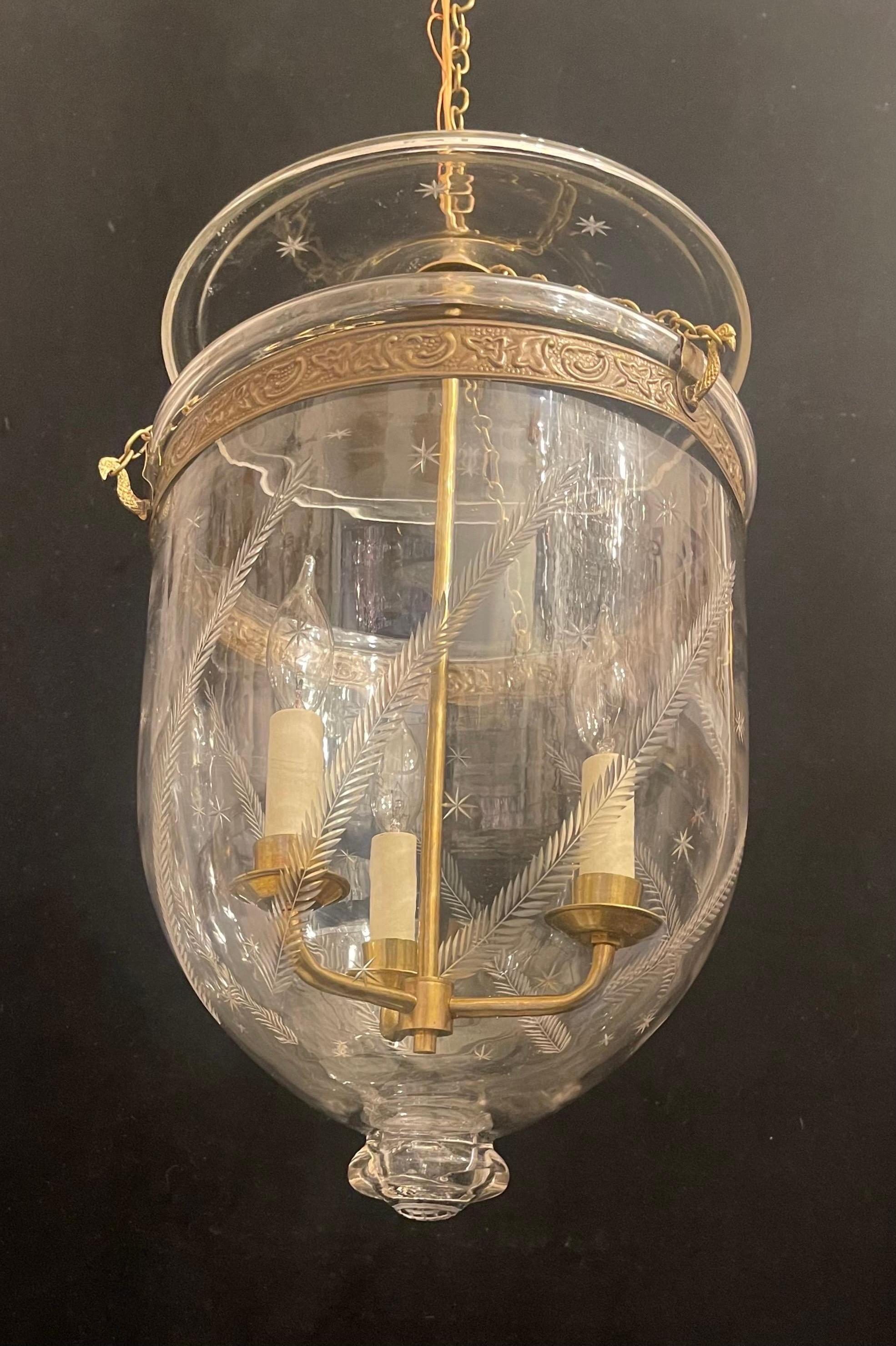 20th Century Wonderful Vaughan Large Bronze Glass Star Wheat Bell Jar 3-Light Lantern Fixture