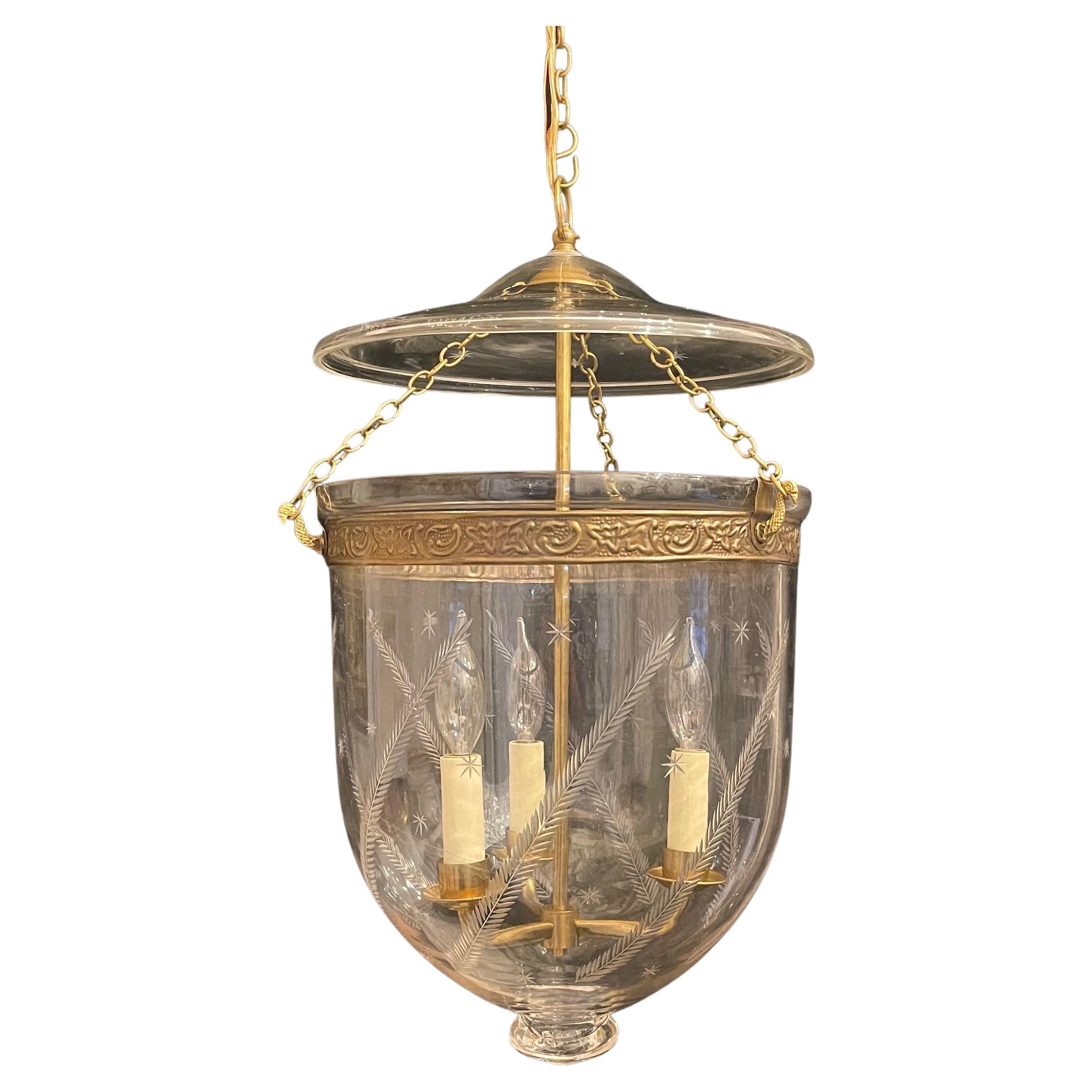 Wonderful Vaughan Large Bronze Glass Star Wheat Bell Jar 3-Light Lantern Fixture