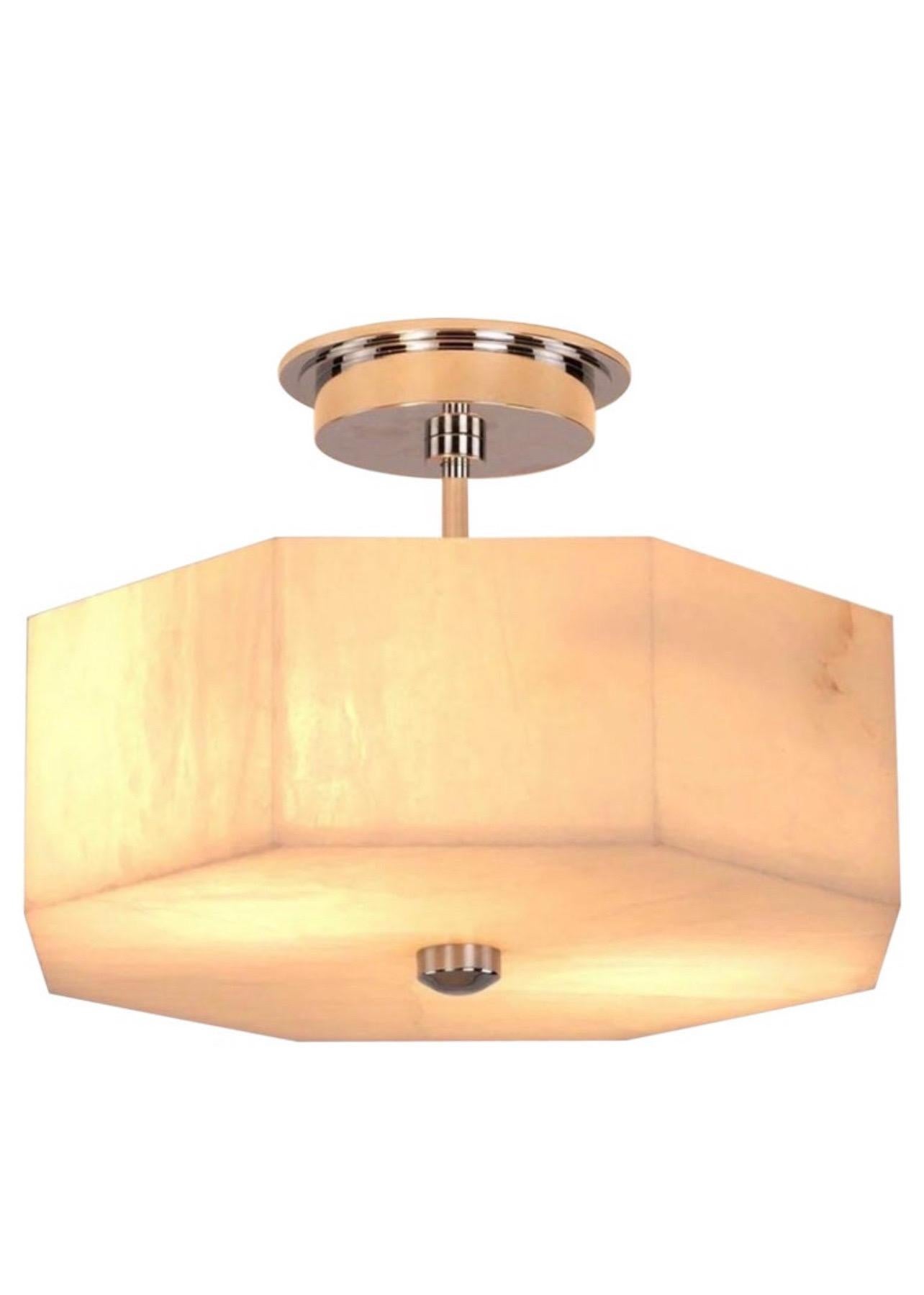 A Wonderful Floor Model Vaughan Oakley Alabaster Semi Flush Ceiling Light Fixture With Polished Nickel.

We Do Have 7 New Fixtures Available
Each Sold Separately, 
This Was The Floor Sample.