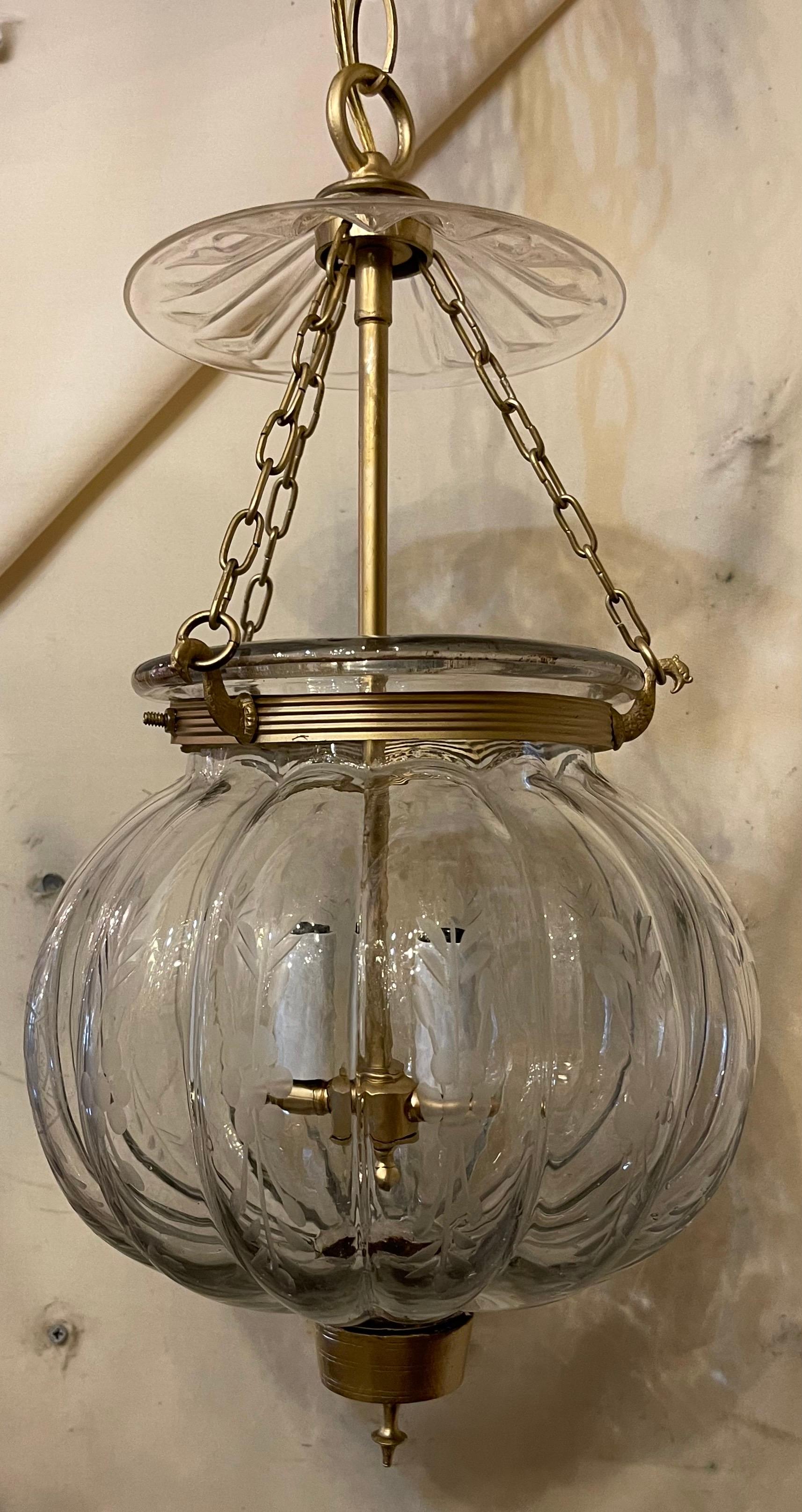 Etched Wonderful Vaughan Pumpkin Brass Glass Bell Jar 2-Light Lantern Pendent Fixture For Sale