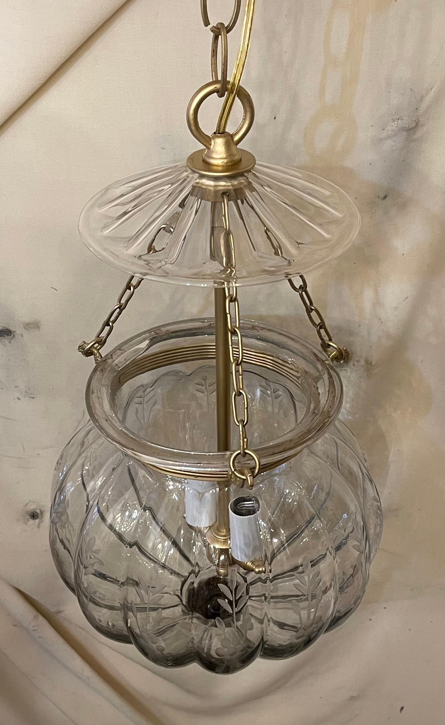 Wonderful Vaughan Pumpkin Brass Glass Bell Jar 2-Light Lantern Pendent Fixture In Good Condition For Sale In Roslyn, NY