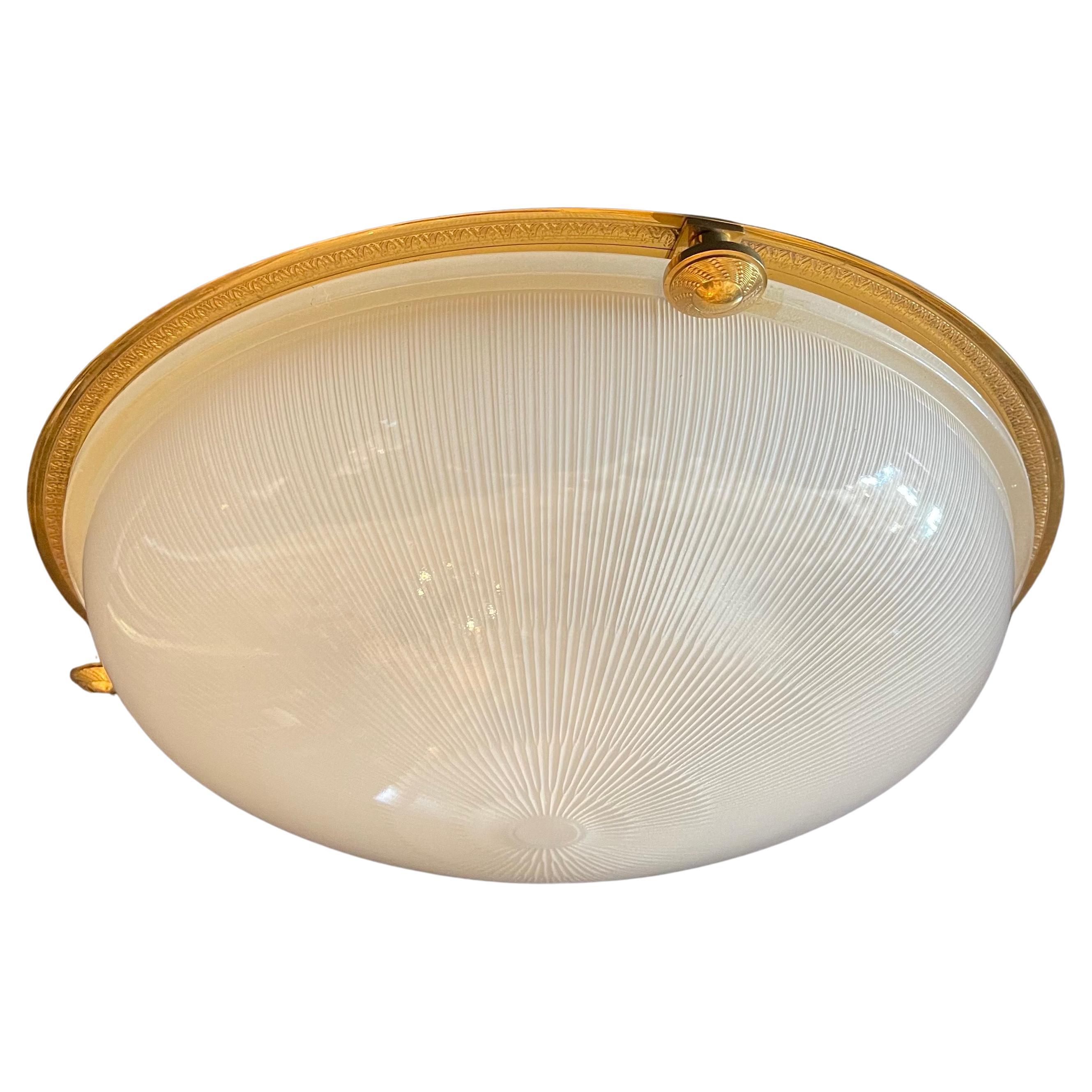 A Wonderful Large Vaughan Regency Style Bronze / Brass Flush Mount Ceiling Light Mounted With A Cut Sunburst Detail To Matte Finish Glass Bowl.This Stunning Fixture Has 3 Candelabra Bulbs. 

