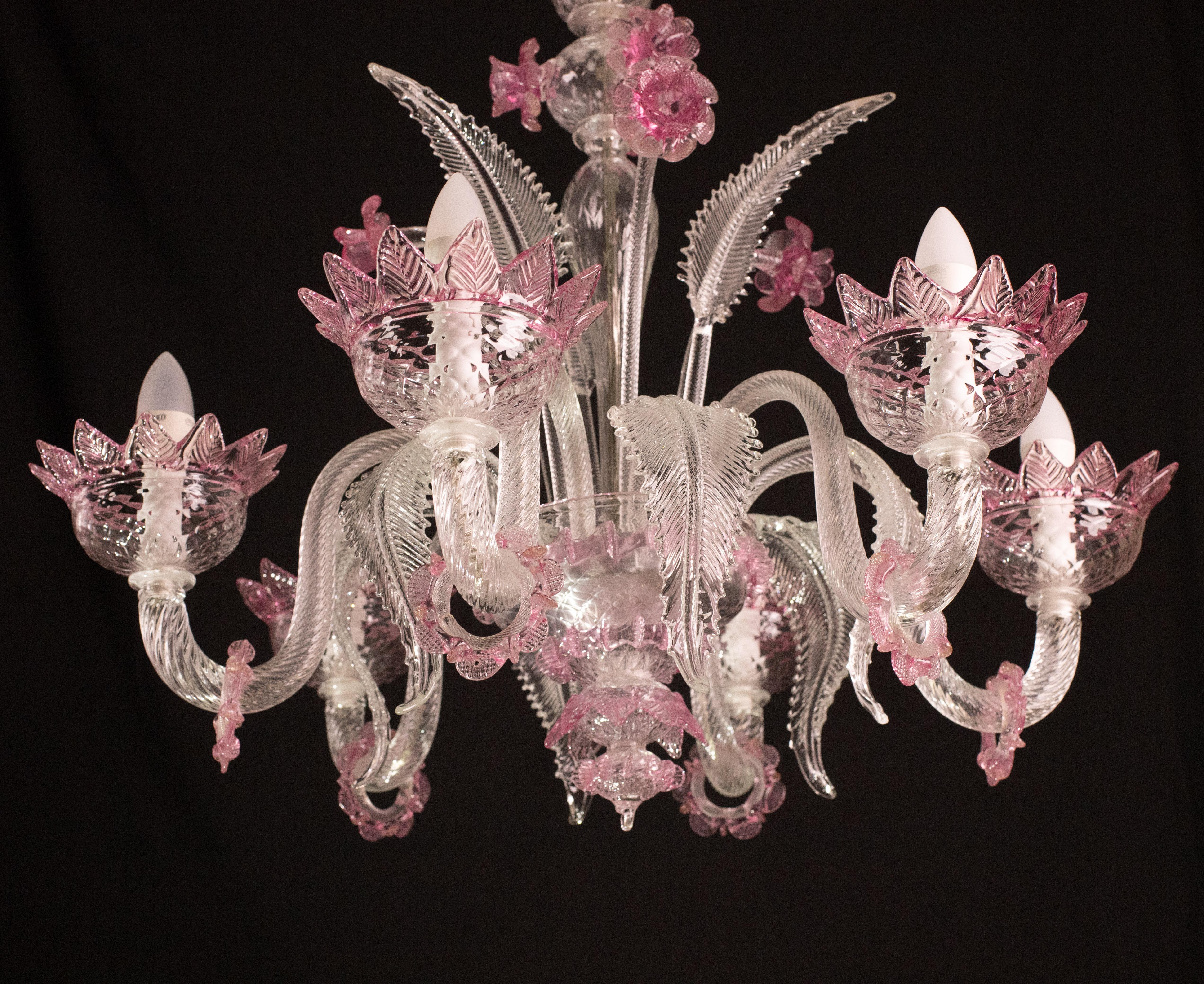 Wunderschöner venezianischer Kronleuchter, rosa Murano Glas im Angebot 5