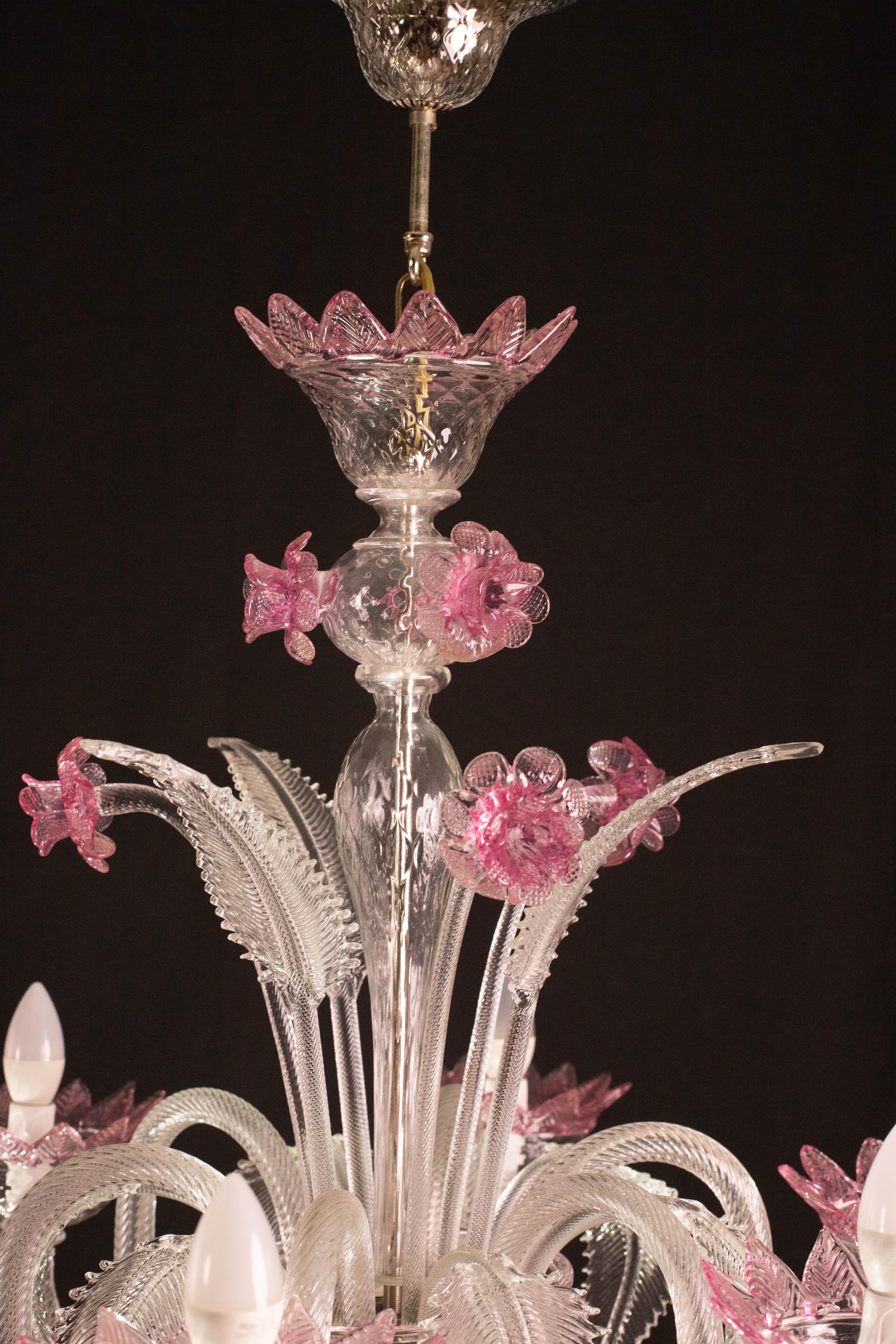 Wunderschöner venezianischer Kronleuchter, rosa Murano Glas im Angebot 6