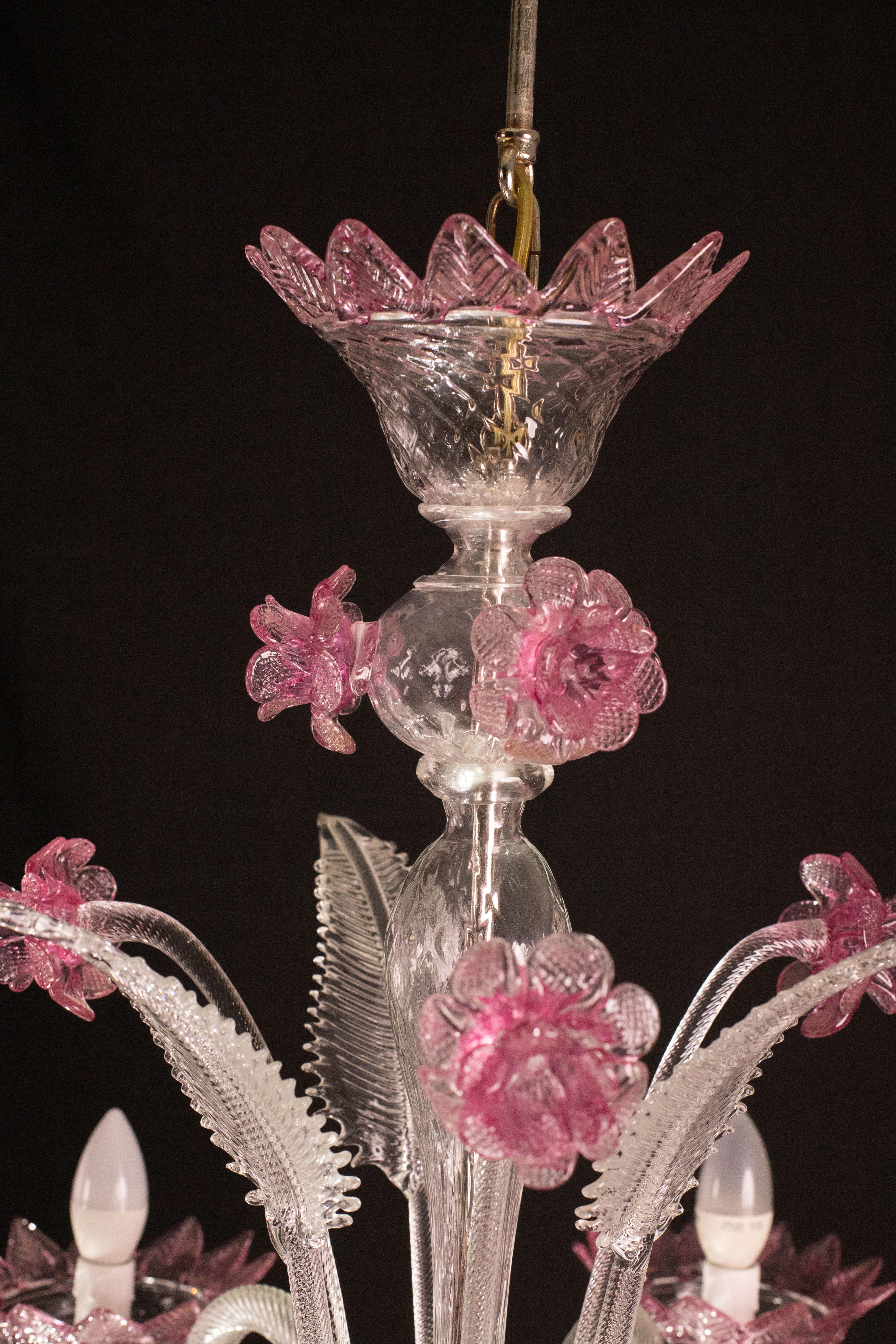 Wunderschöner venezianischer Kronleuchter, rosa Murano Glas im Angebot 10