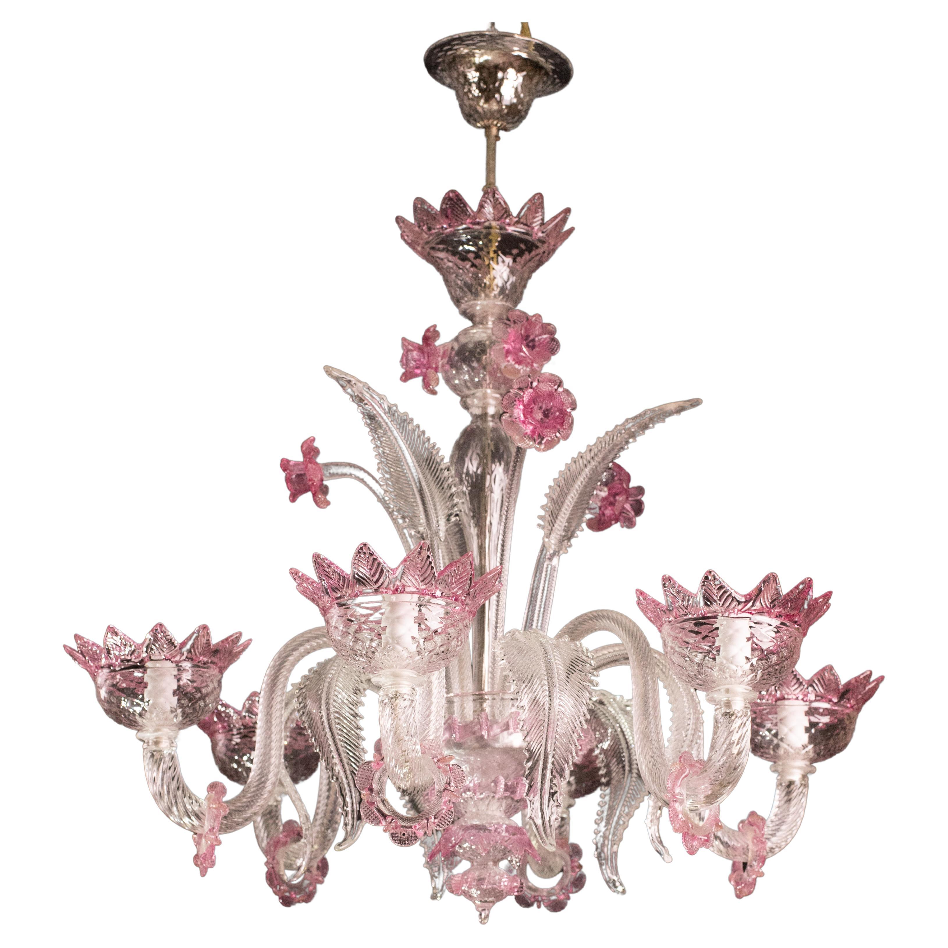 Magnifique lustre vénitien, verre de Murano rose en vente