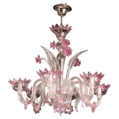Wunderschöner venezianischer Kronleuchter, rosa Murano Glas