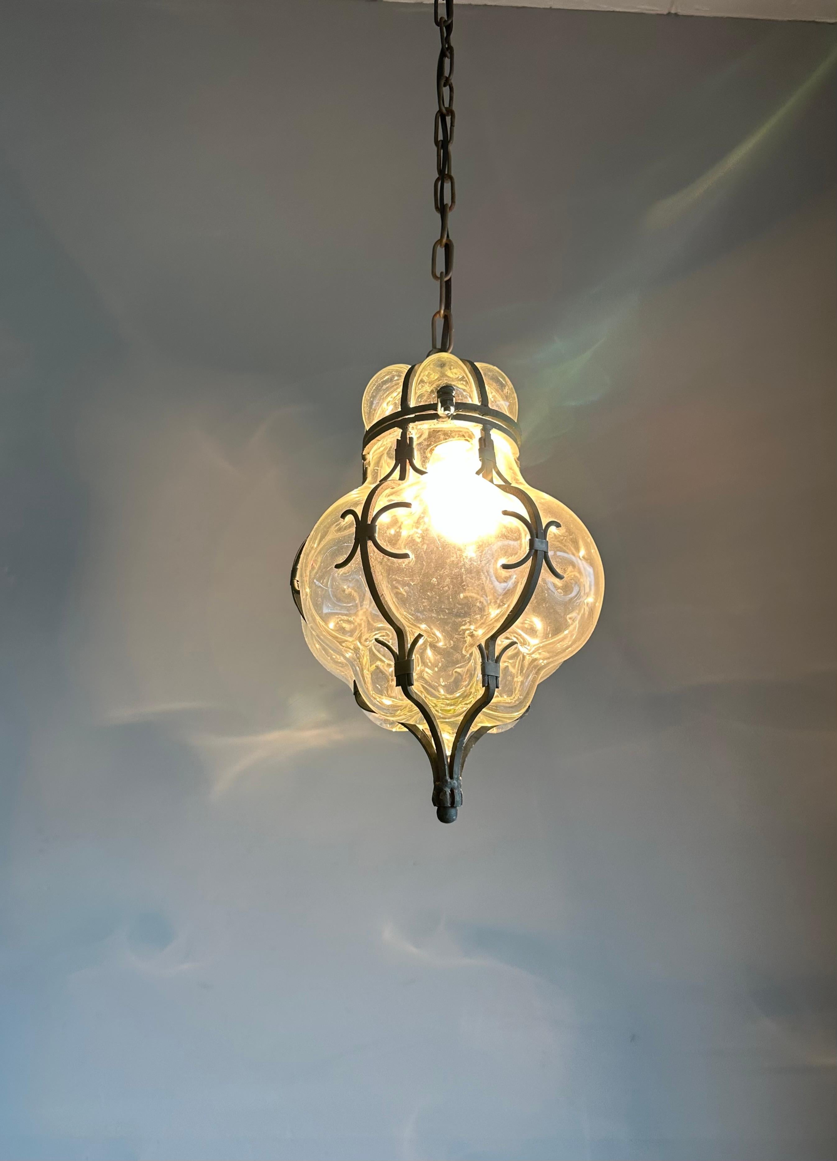 Blackened Wonderful Venetian Mouth Blown Clear Glass Entrance or Hallway Pendant Light For Sale