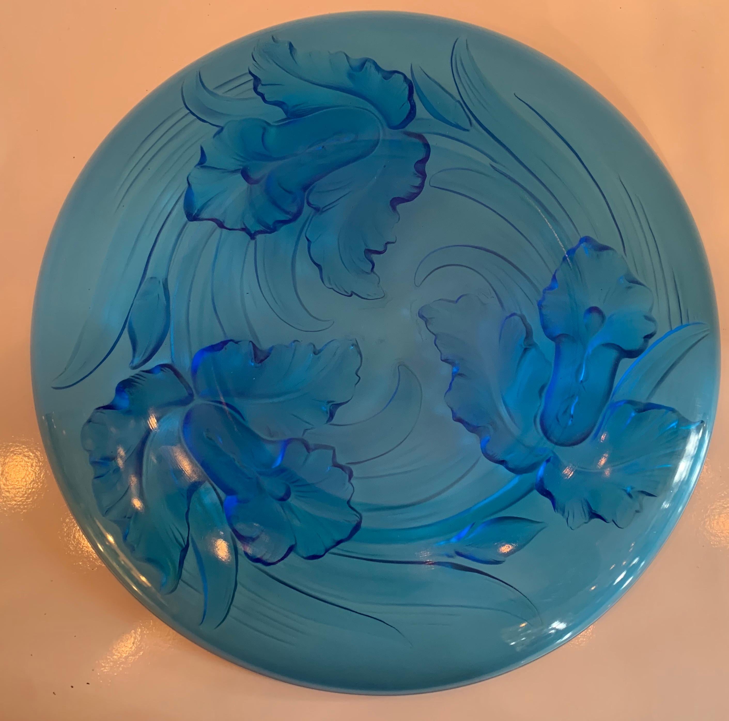 Belle Époque Wonderful Verlys Blue Art Glass Orchid Flowers Centerpiece Platter Bowl
