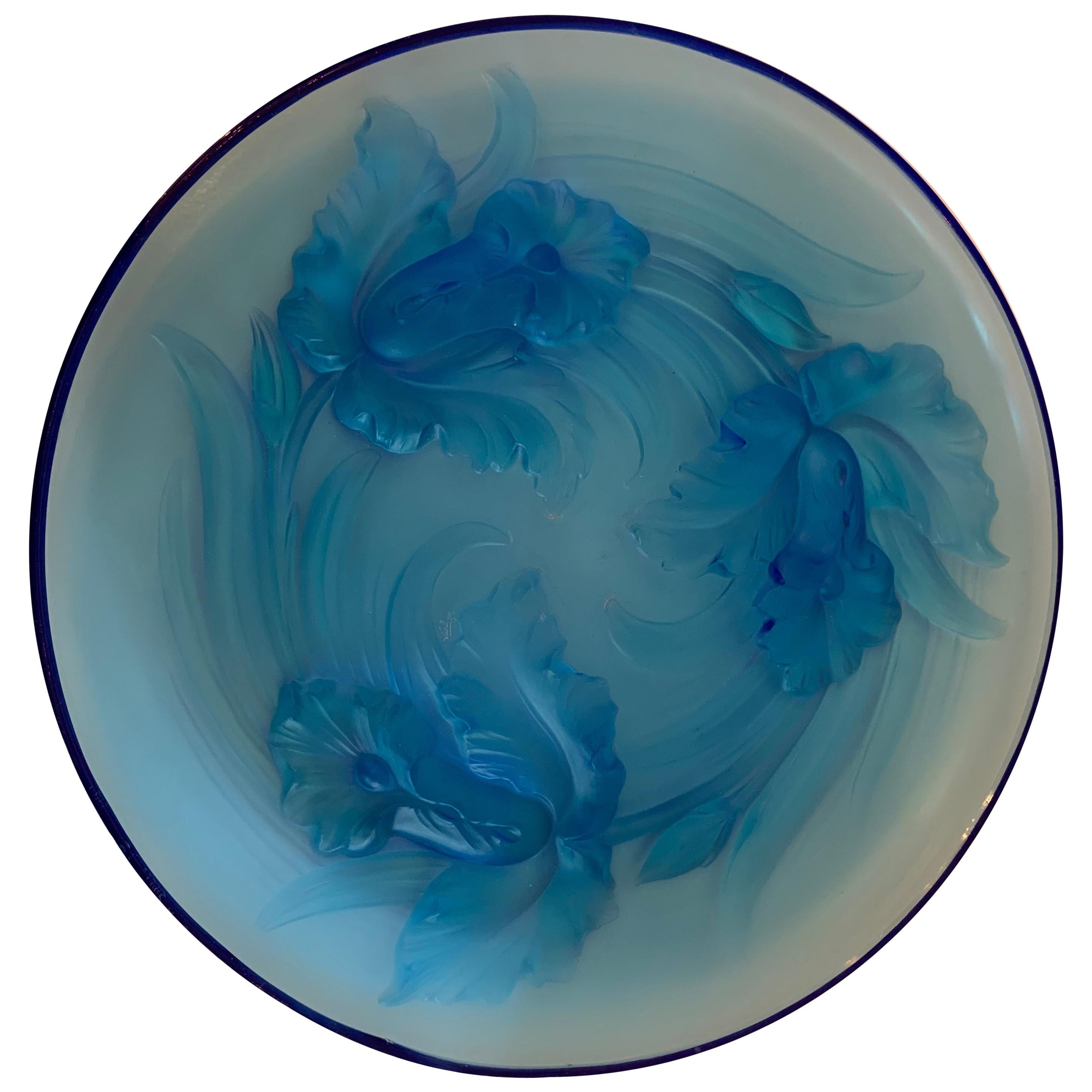 Wonderful Verlys Blue Art Glass Orchid Flowers Centerpiece Platter Bowl