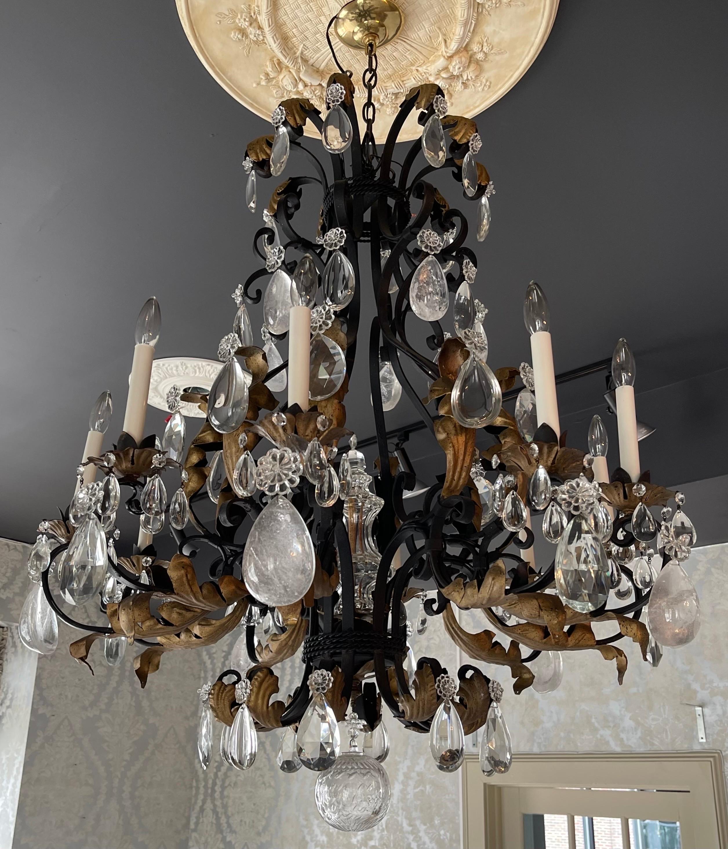 Wonderful Very Large French Wrought Iron & Rock Crystal Louis XV Chandelier In Good Condition In Roslyn, NY