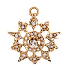 Antique Wonderful Victorian Diamond & Pearl Petitie Yellow Gold Starburst Brooch/Pendant