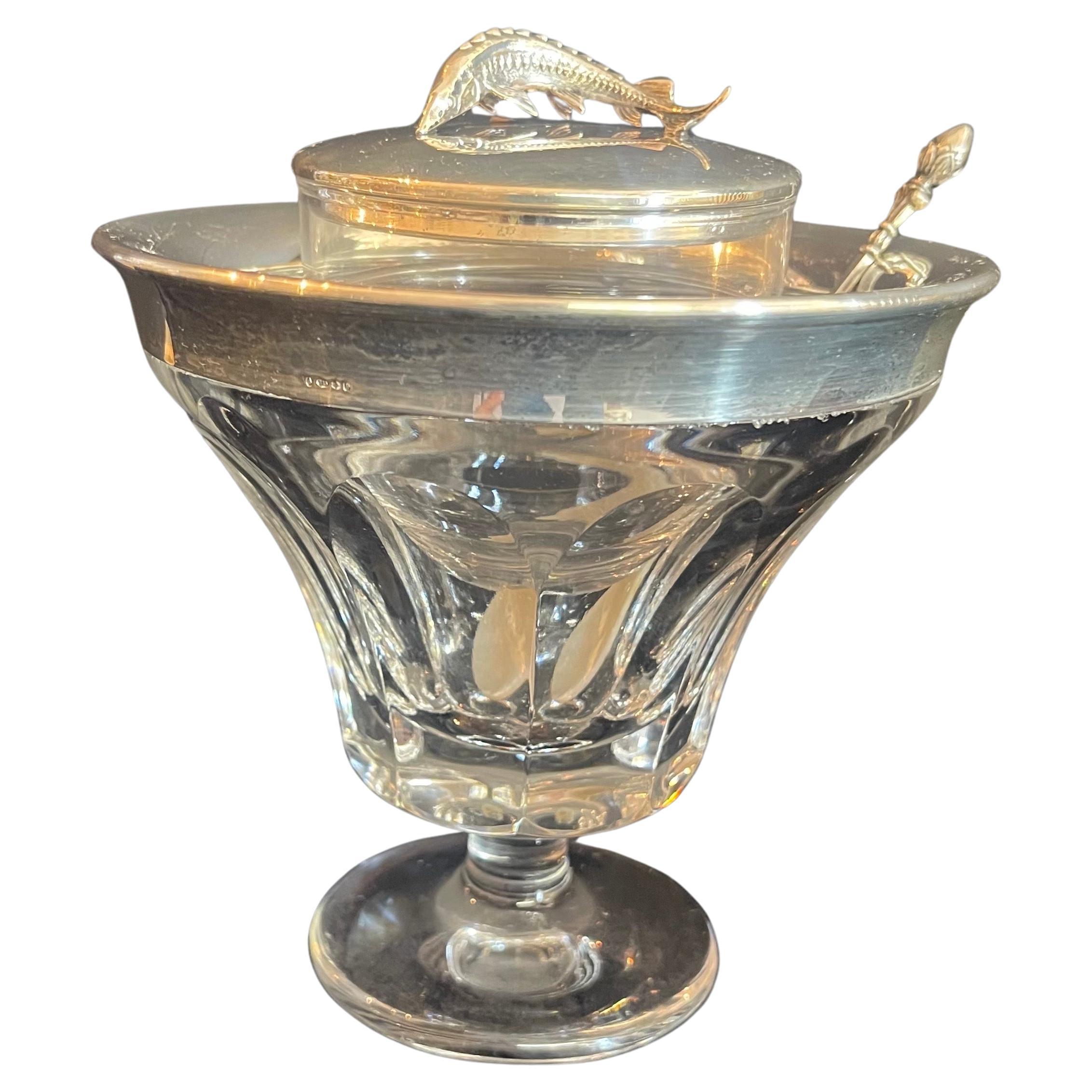 Merveilleux bol Vintage Asprey London en Argent Sterling et Cristal Caviar Server   en vente