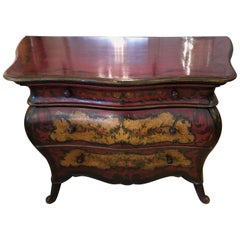 Merveilleuse commode vintage de style Bombay peinte en rouge grange