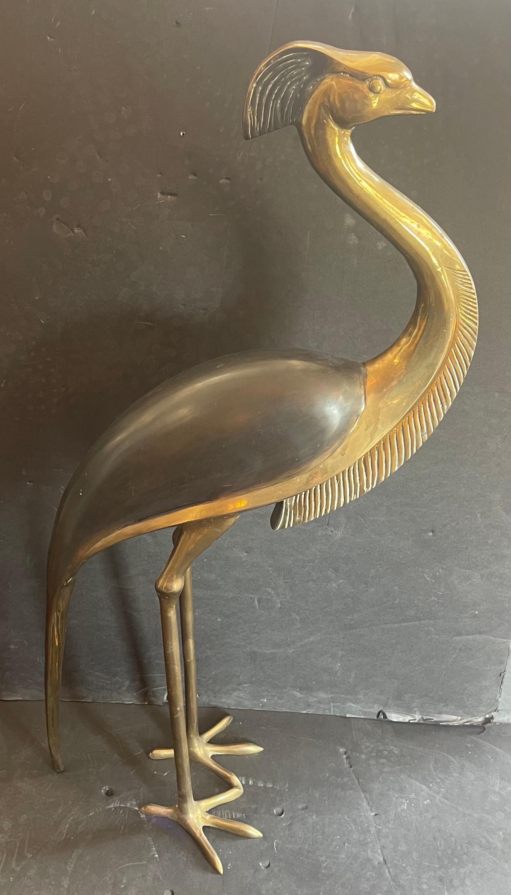 Wonderful Vintage Brass / Bronze Patinated Flamingo Crane Large Deco Sculpture In Good Condition For Sale In Roslyn, NY