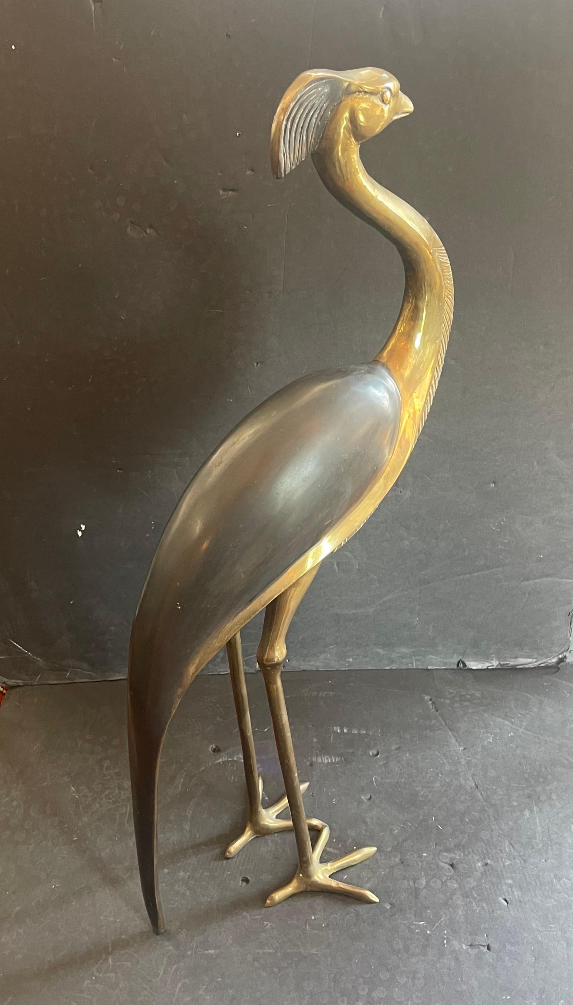 Wonderful Vintage Brass / Bronze Patinated Flamingo Crane Large Deco Sculpture For Sale 1