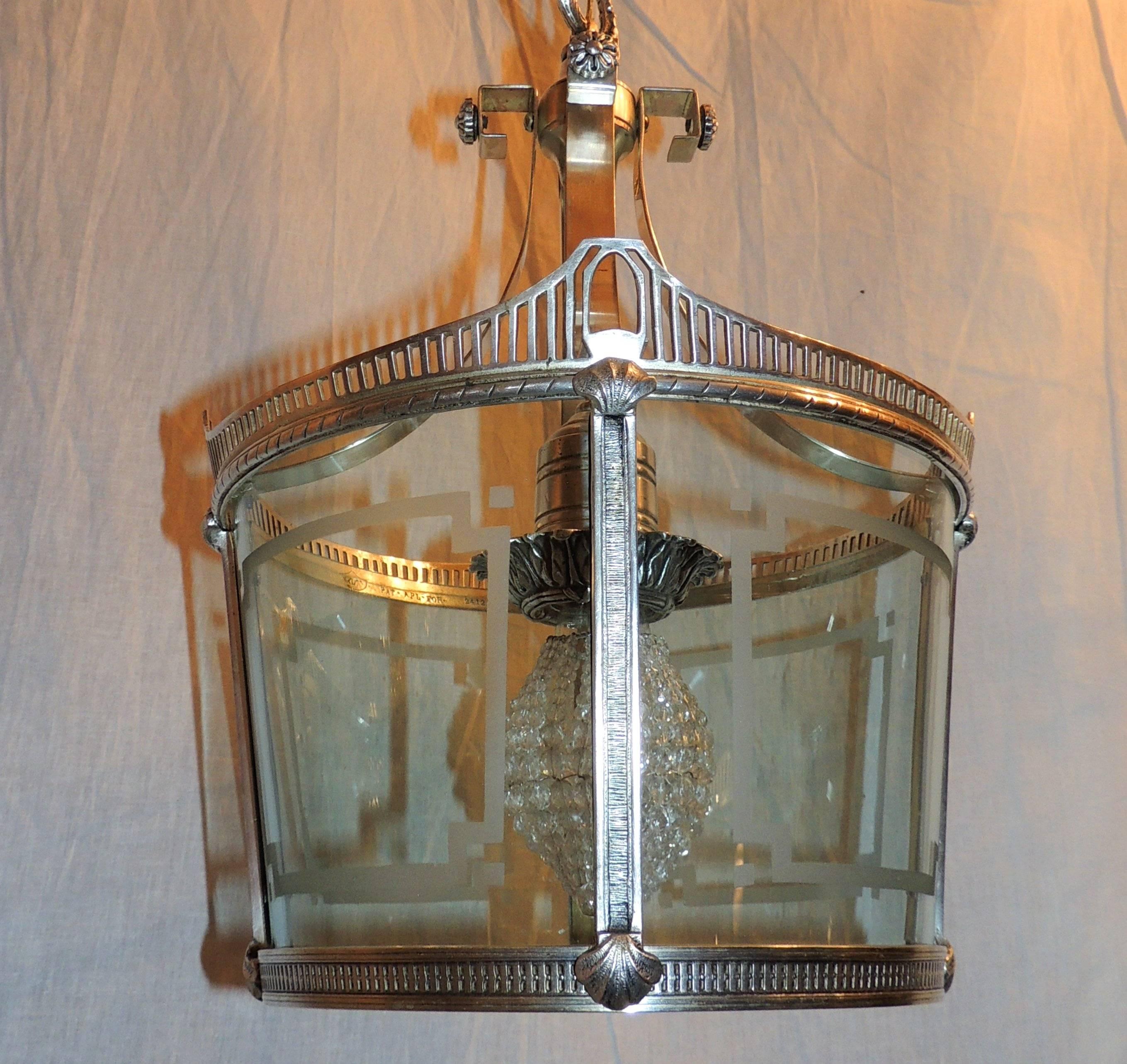 Early 20th Century Wonderful Vintage Caldwell Art Deco Silver Bronze Lantern Etched Glass Fixture For Sale