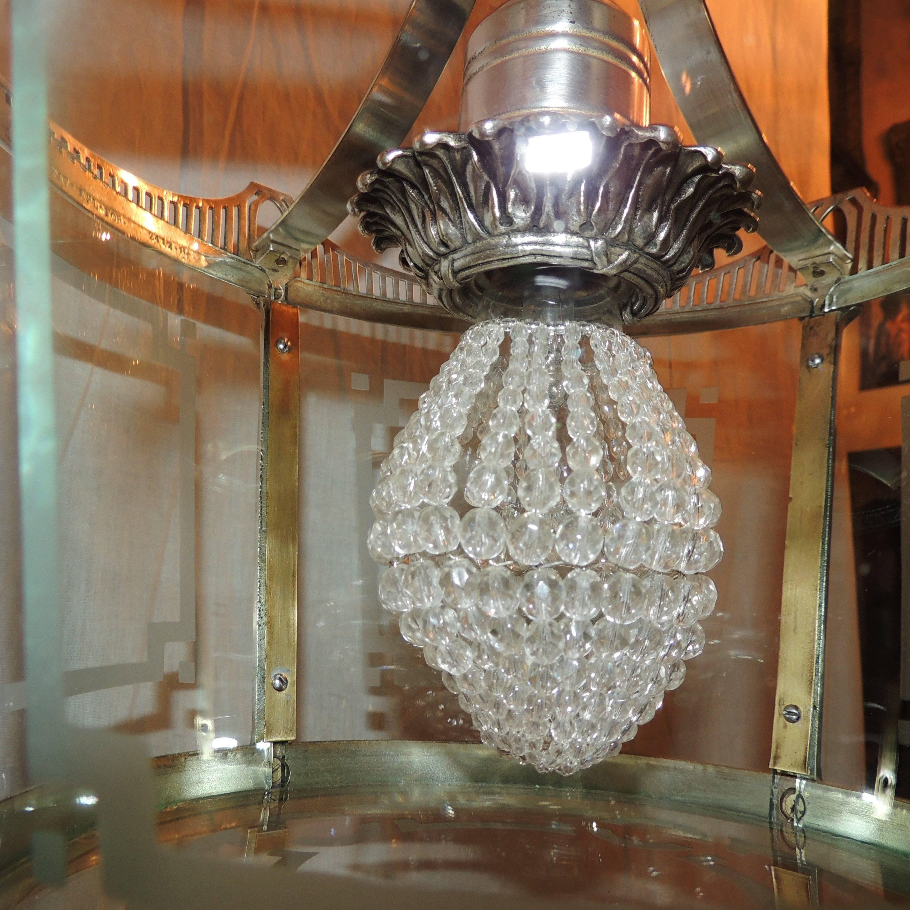 Wonderful Vintage Caldwell Art Deco Silver Bronze Lantern Etched Glass Fixture For Sale 4