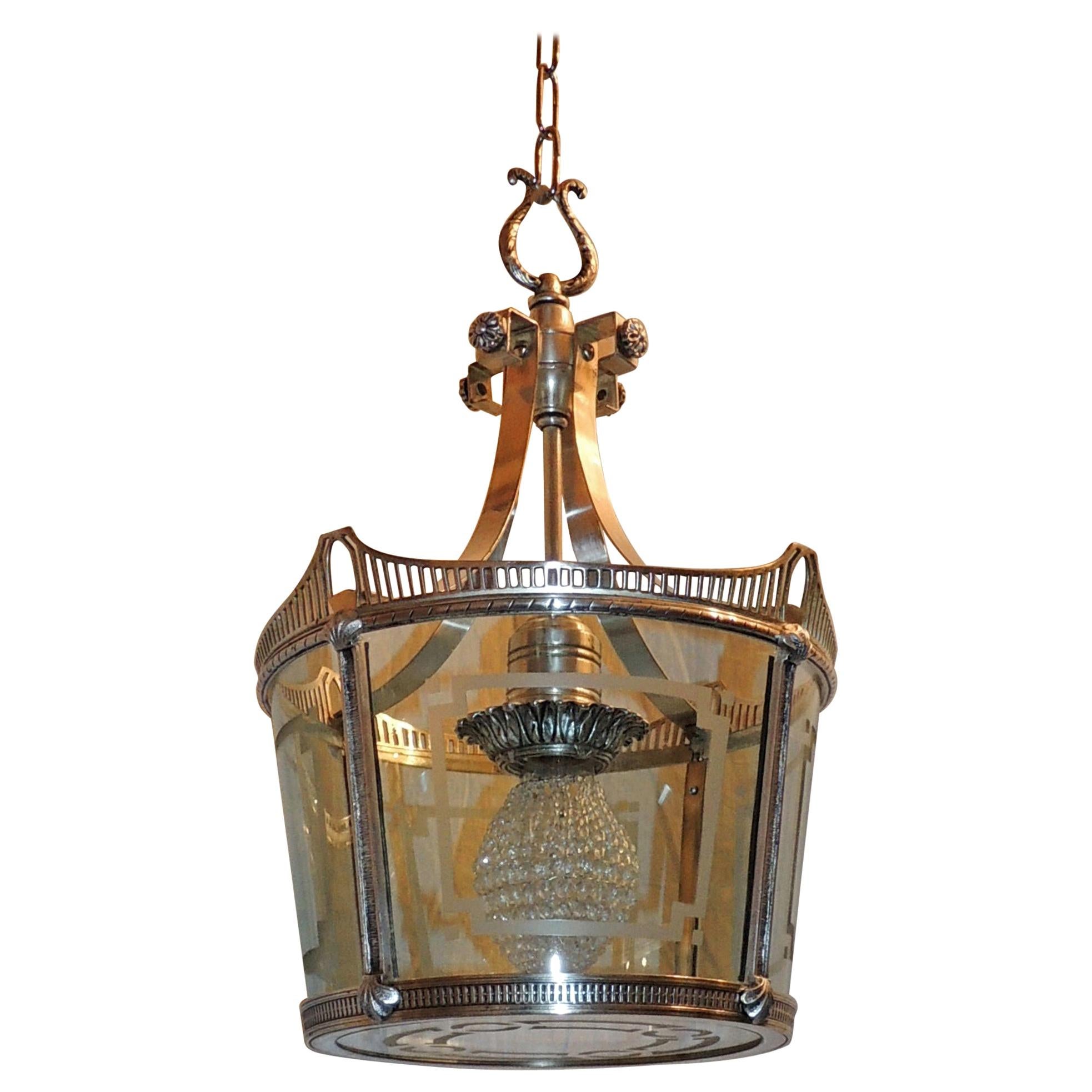 Merveilleuse lanterne vintage Caldwell Art Déco en verre gravé et bronze argenté