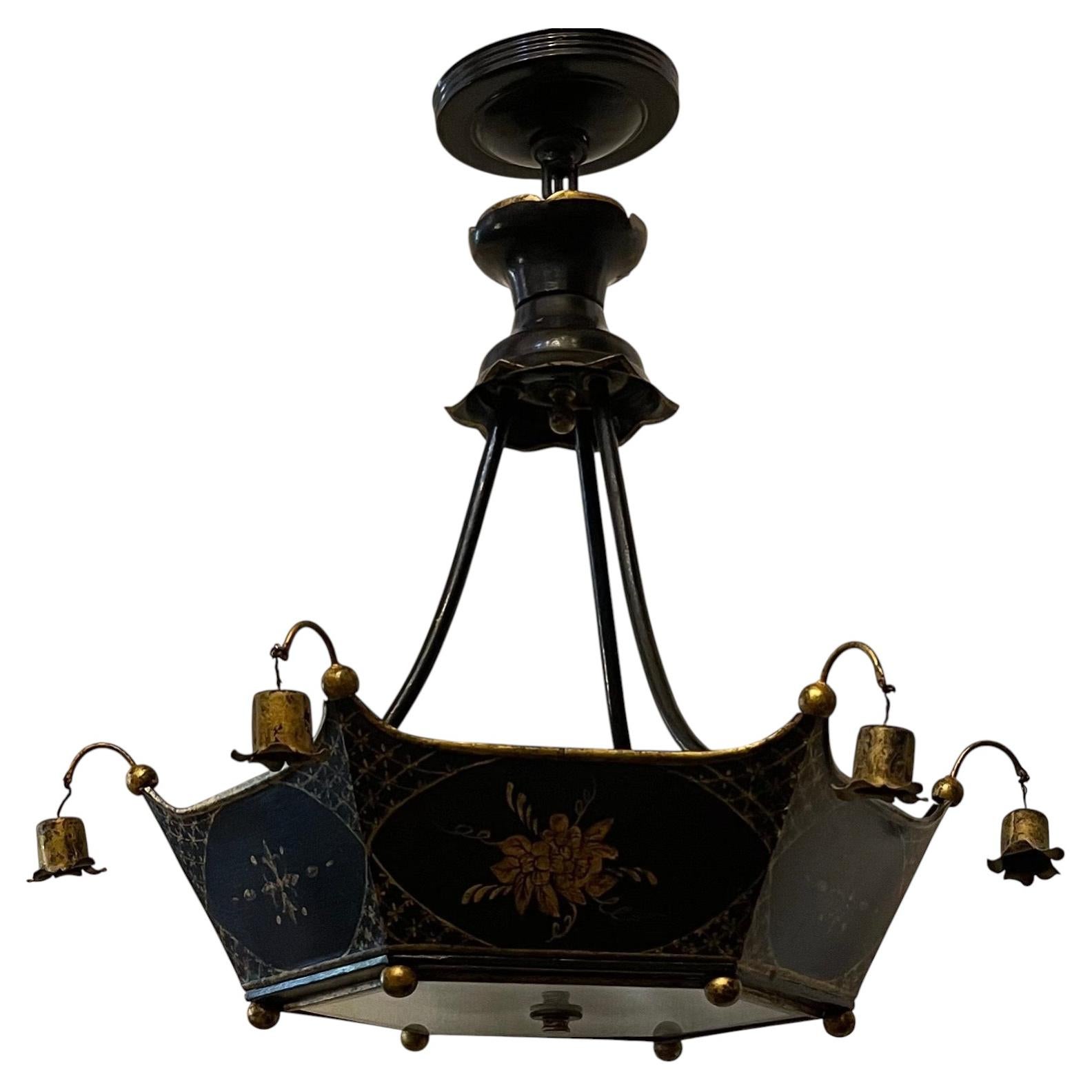 Wonderful Vintage Chinoiserie Black Gold Gilt Glass Pagoda Fixture Chandelier For Sale