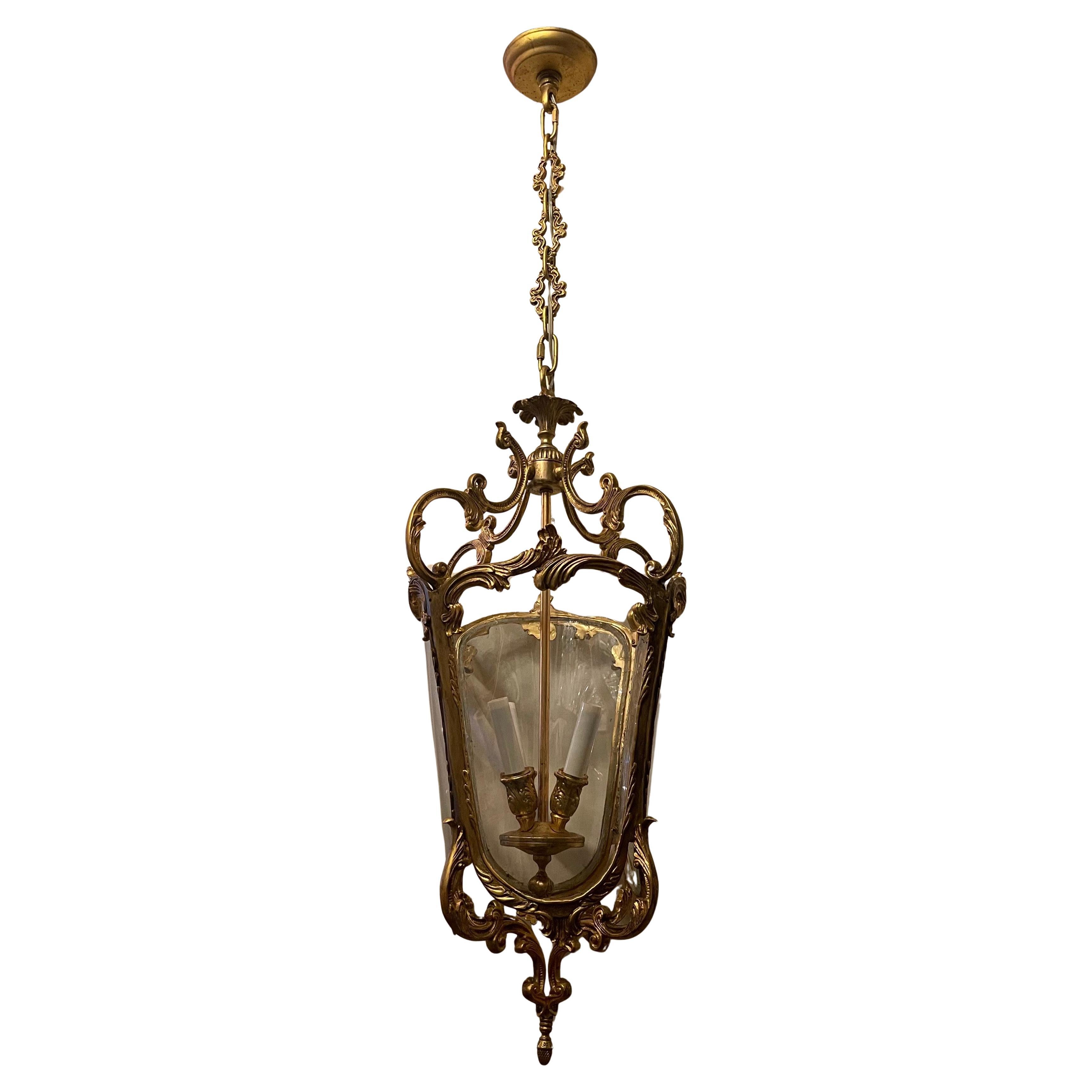 A Wonderful Vintage Gilt Dore Bronze And Bent Plexiglas Louis XVI Style Large Lantern Pendent 4 Candelabra Light Fixture With Matching Chain And Canopy, Ready To Install With Mounting Brackets.